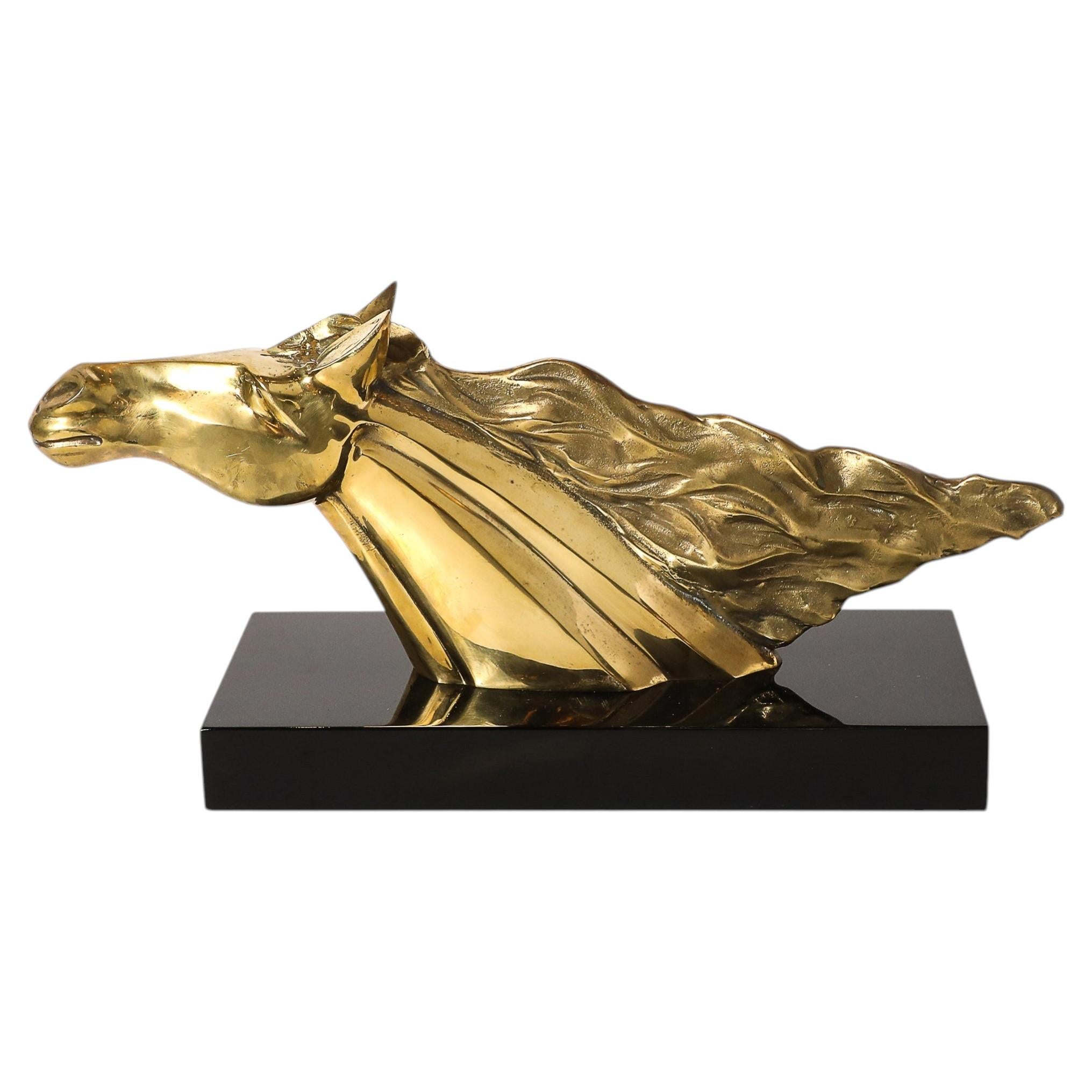 Mid-Century Horse Bust Sculpture w/ Flowing Mane in Polished Brass on Black Base For Sale