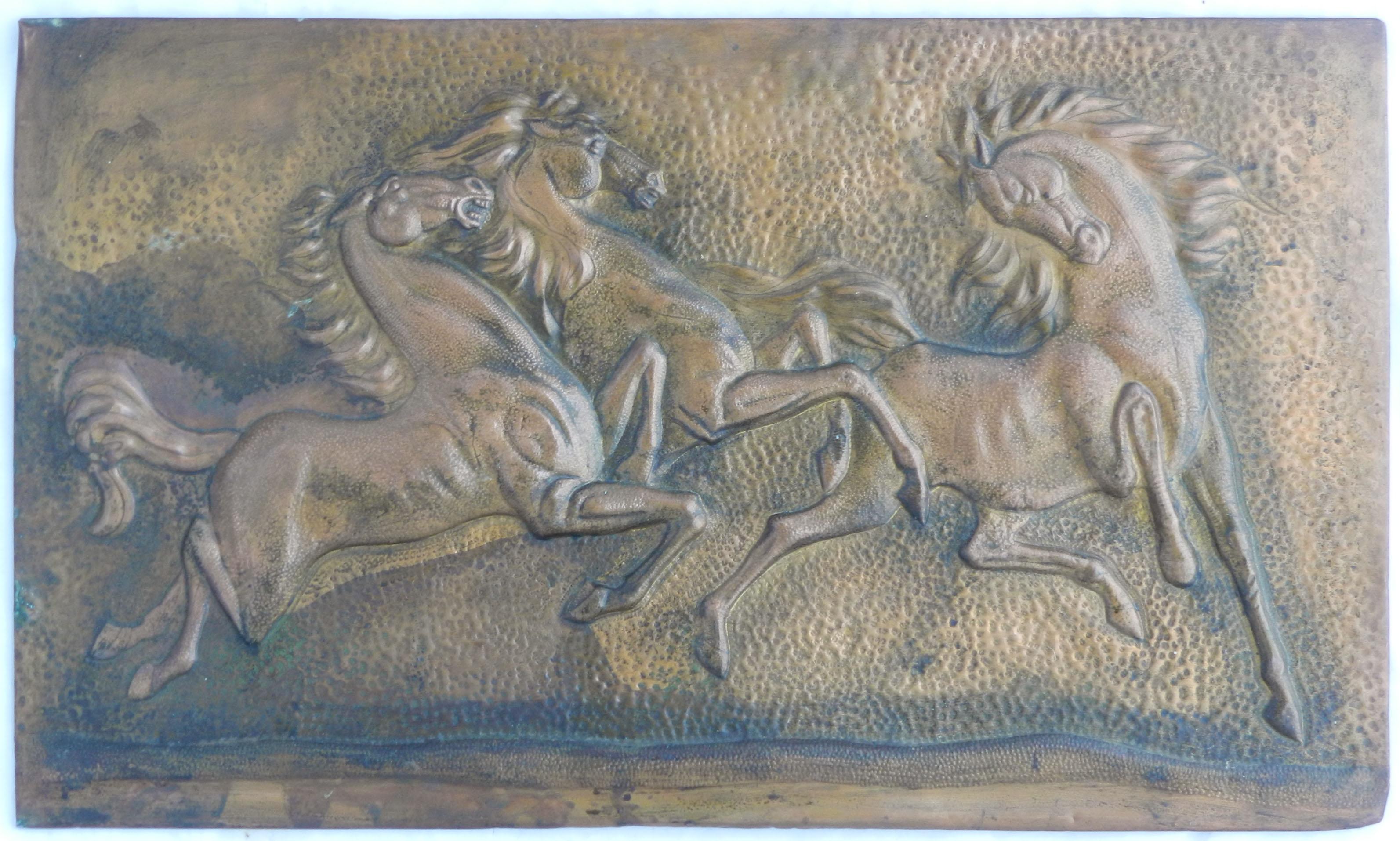 Mid-Century Modern Mid Century Horses Wall Decoration Panel Embossed Copper c1950  For Sale