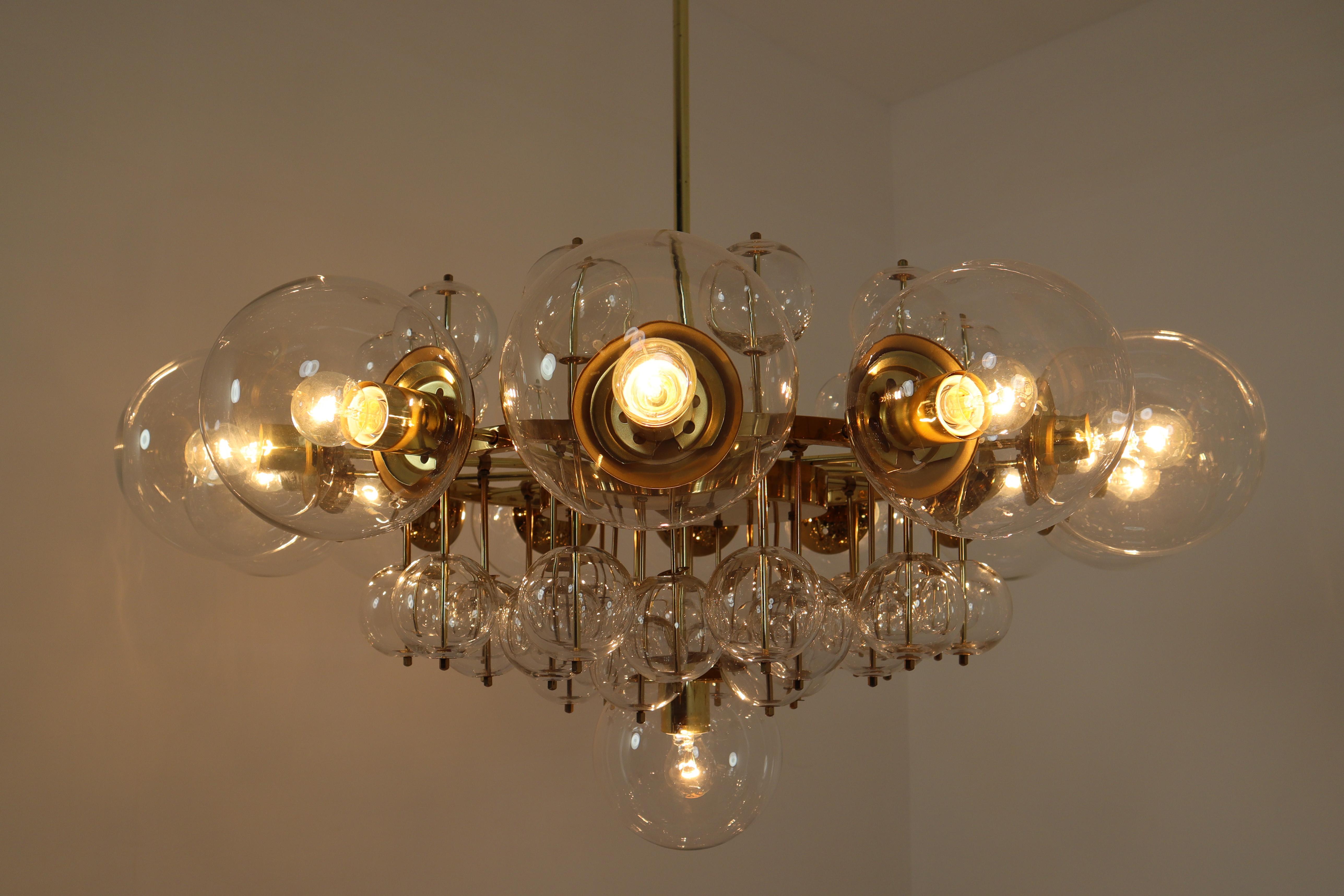 Mid-Century Modern Midcentury Hotel Chandelier with Brass Fixture and Hand-Blowed Glass Globes