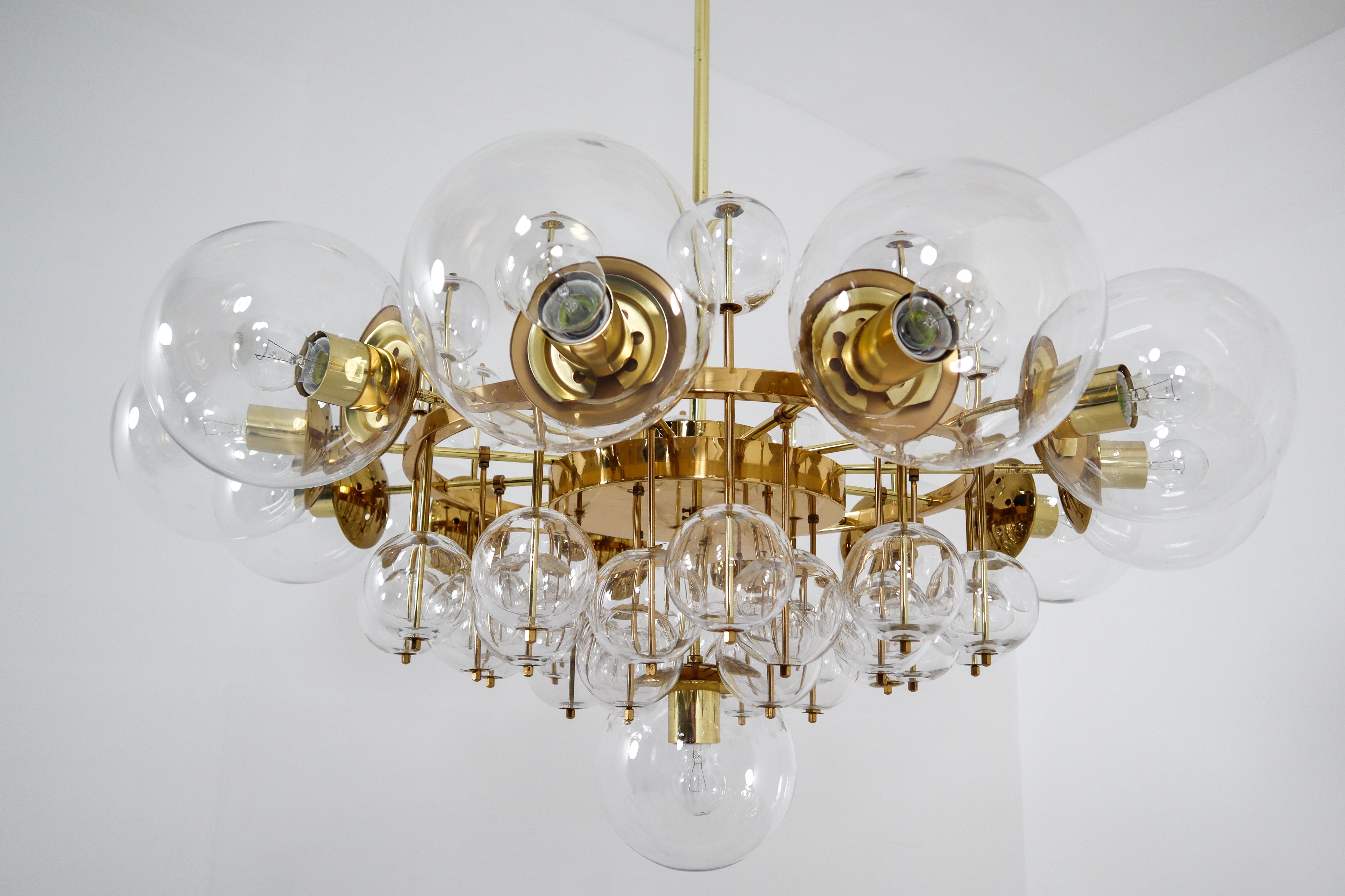 Austrian Midcentury Hotel Chandelier with Brass Fixture and Hand-Blowed Glass Globes