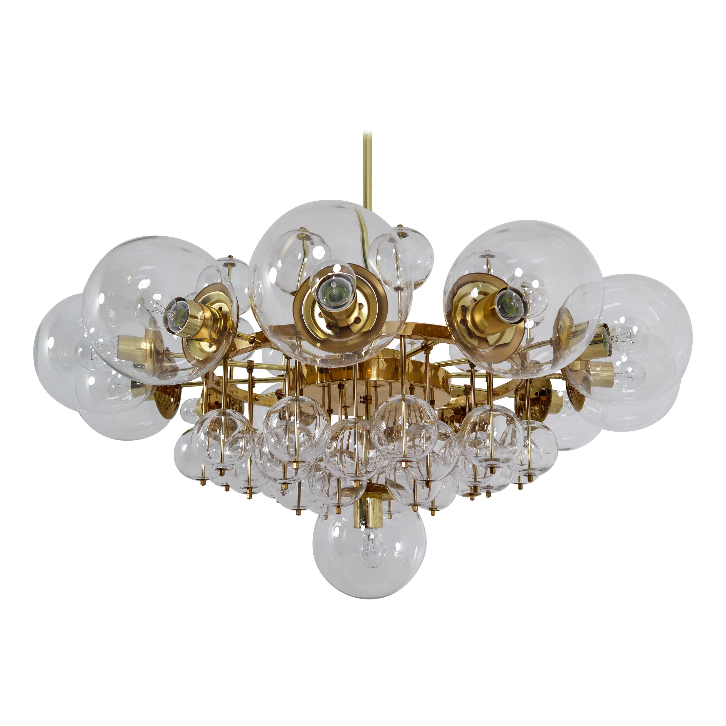 Midcentury Hotel Chandelier with Brass Fixture and Hand-Blowed Glass Globes