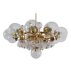 Midcentury Hotel Chandelier with Brass Fixture and Hand-Blowed Glass Globes