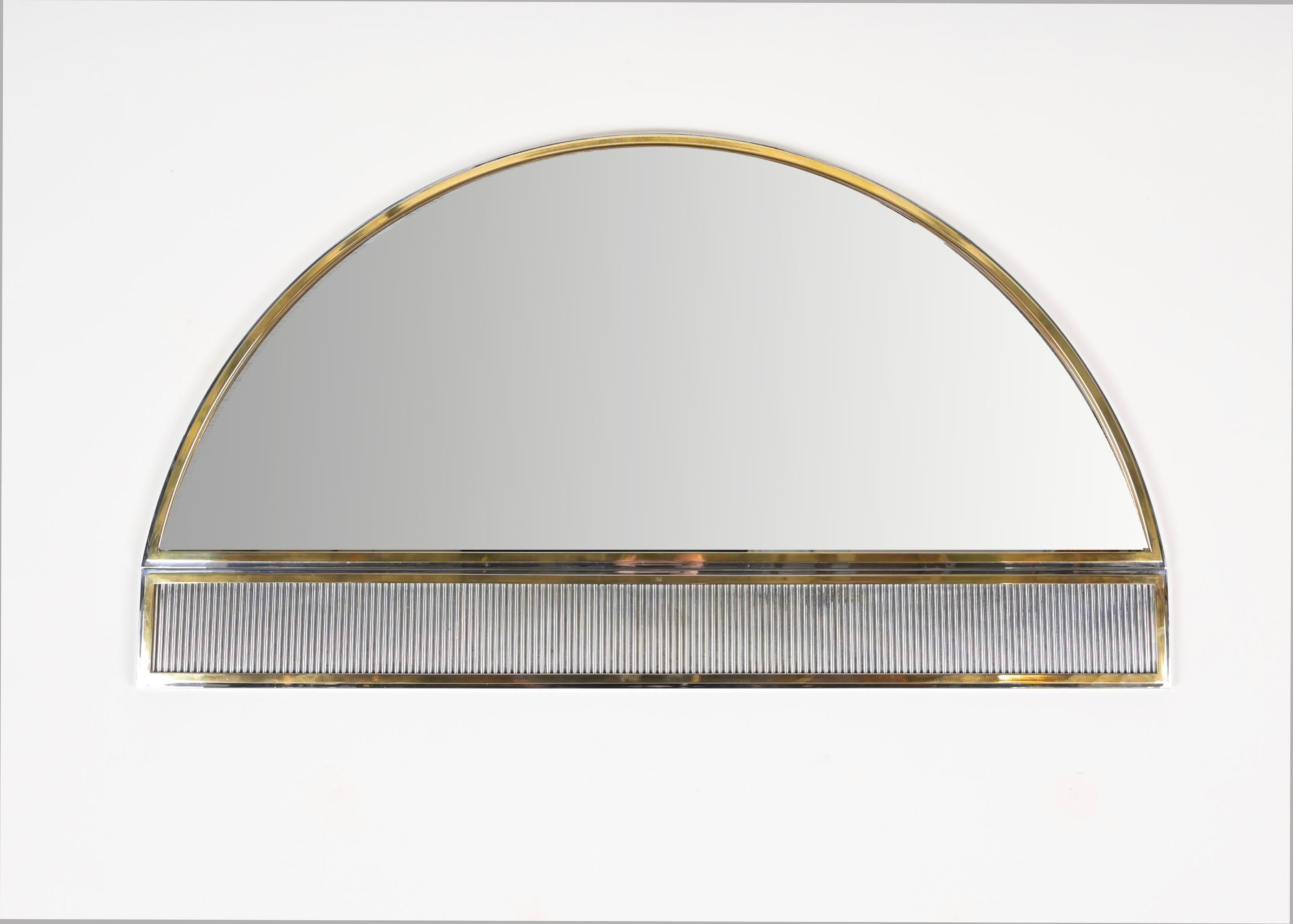 Hand-Crafted Mid-Century Huge Italian Arch Mirror in Brass and Chrome by Romeo Rega, 1970s For Sale