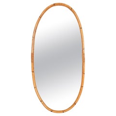 Mid-Century Huge Italian Oval Mirror in Curved Bamboo, Rattan and Wicker, 1970s