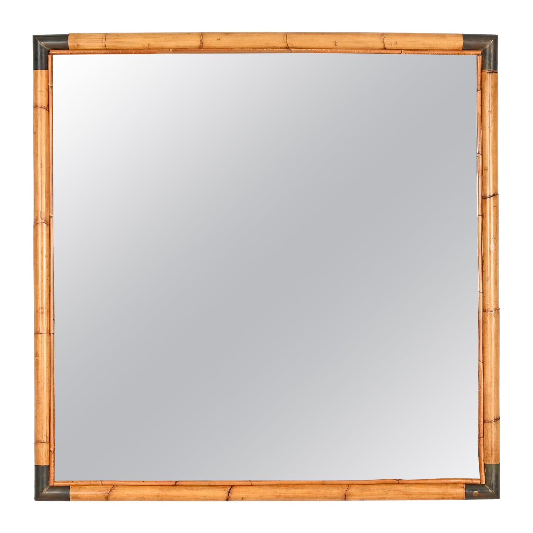 Grand miroir italien carré du milieu du siècle en laiton et bambou, 1970