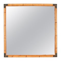 Mid-Century Huge Italian Square Mirror in Brass and Bamboo, 1970s