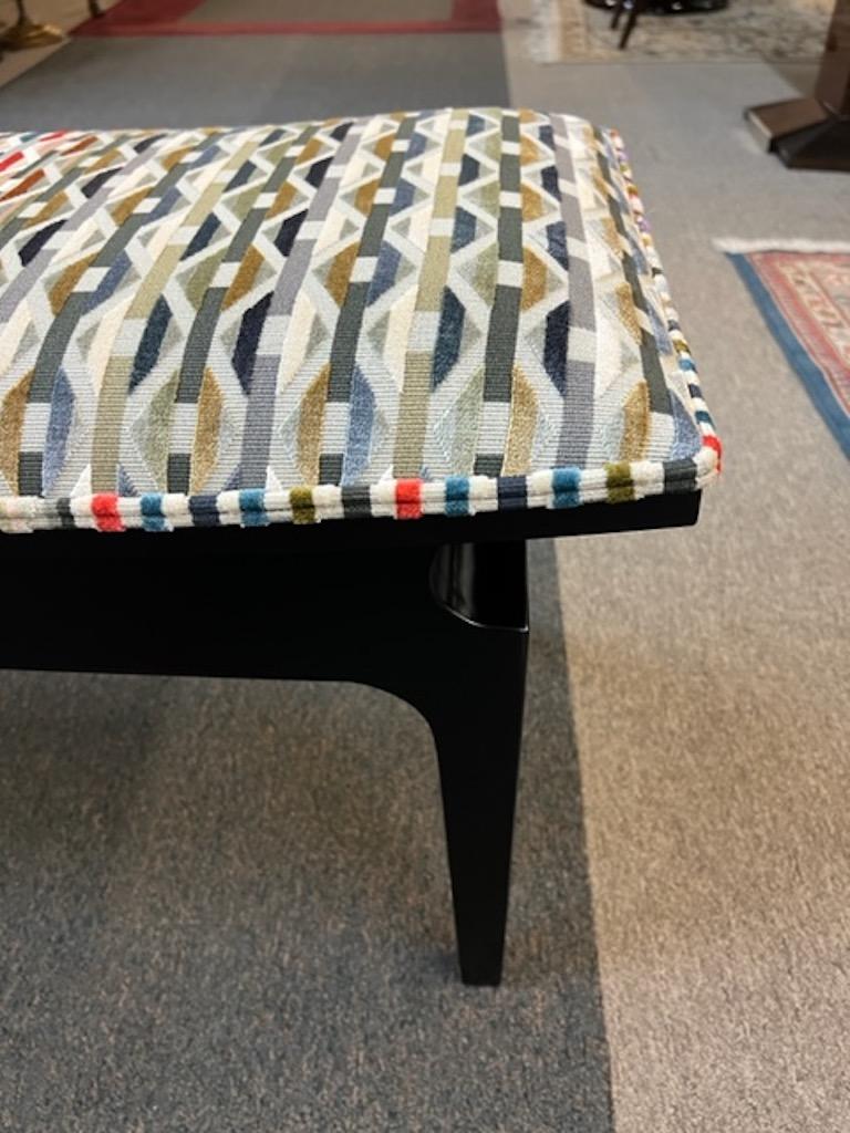 Bench is made out of birch ebonized wood. Newly re-upholstered with colorful pattern fabric. Seat of the bench firm but comfortable. 

Condition is perfect, restored
Hungary, c. 1960s
Measures: 54” W x 17” D x 18” H.
 