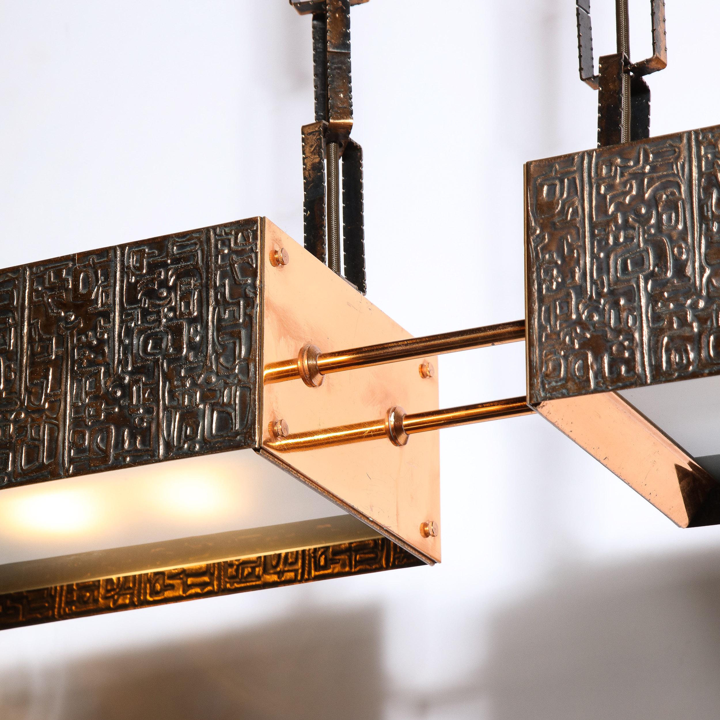 Mid-Century Hungarian Brutalist Textured Copper & Frosted Glass Chandelier 1
