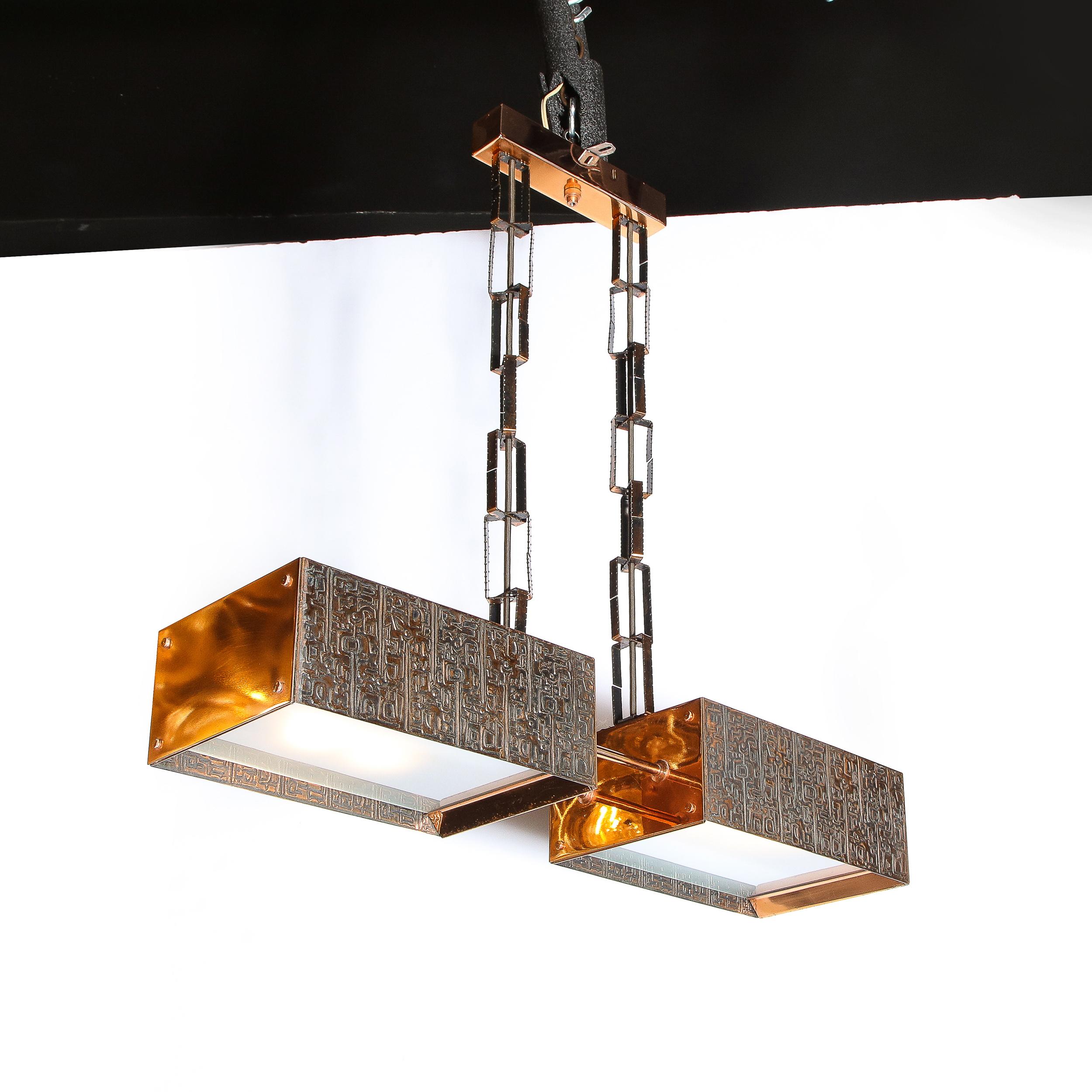 Mid-Century Hungarian Brutalist Textured Copper & Frosted Glass Chandelier 5