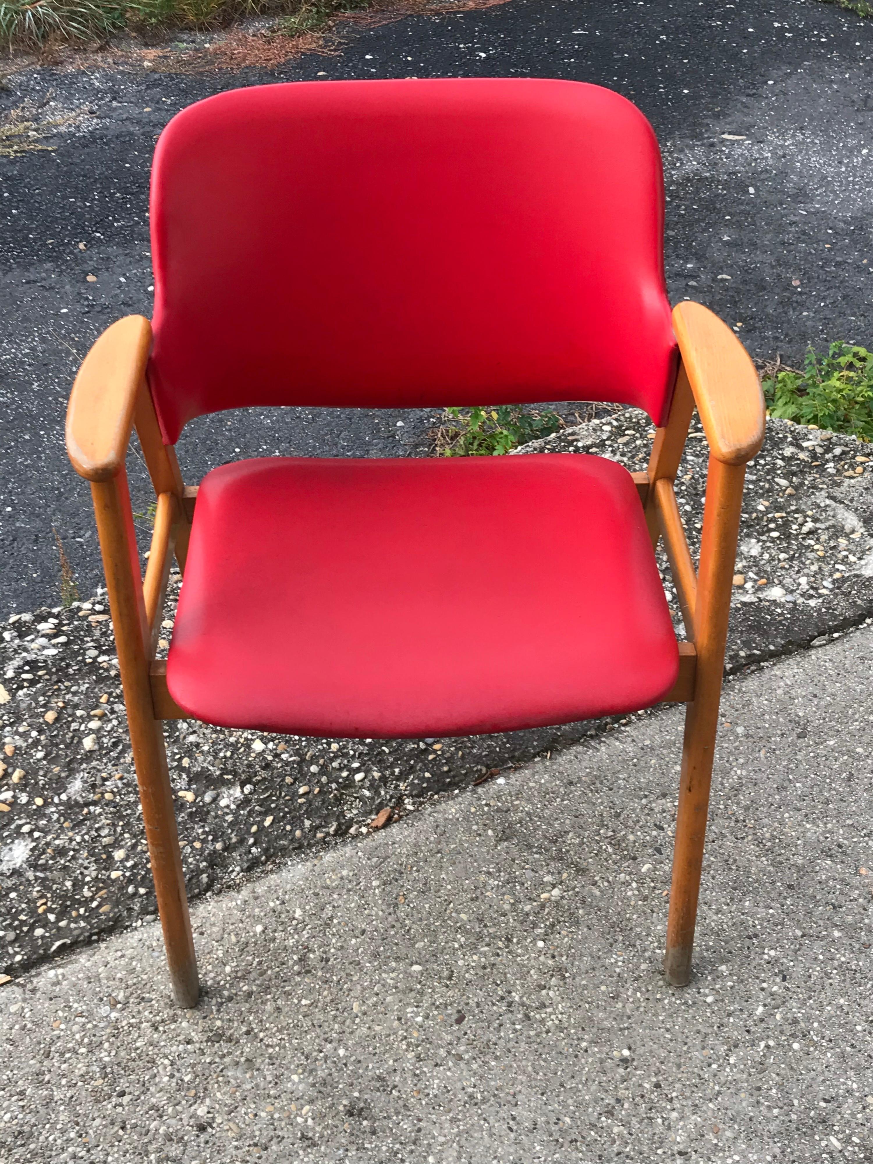 Mid-20th Century Midcentury Hungarian Chair with Red Faux Leather, circa 1960s For Sale