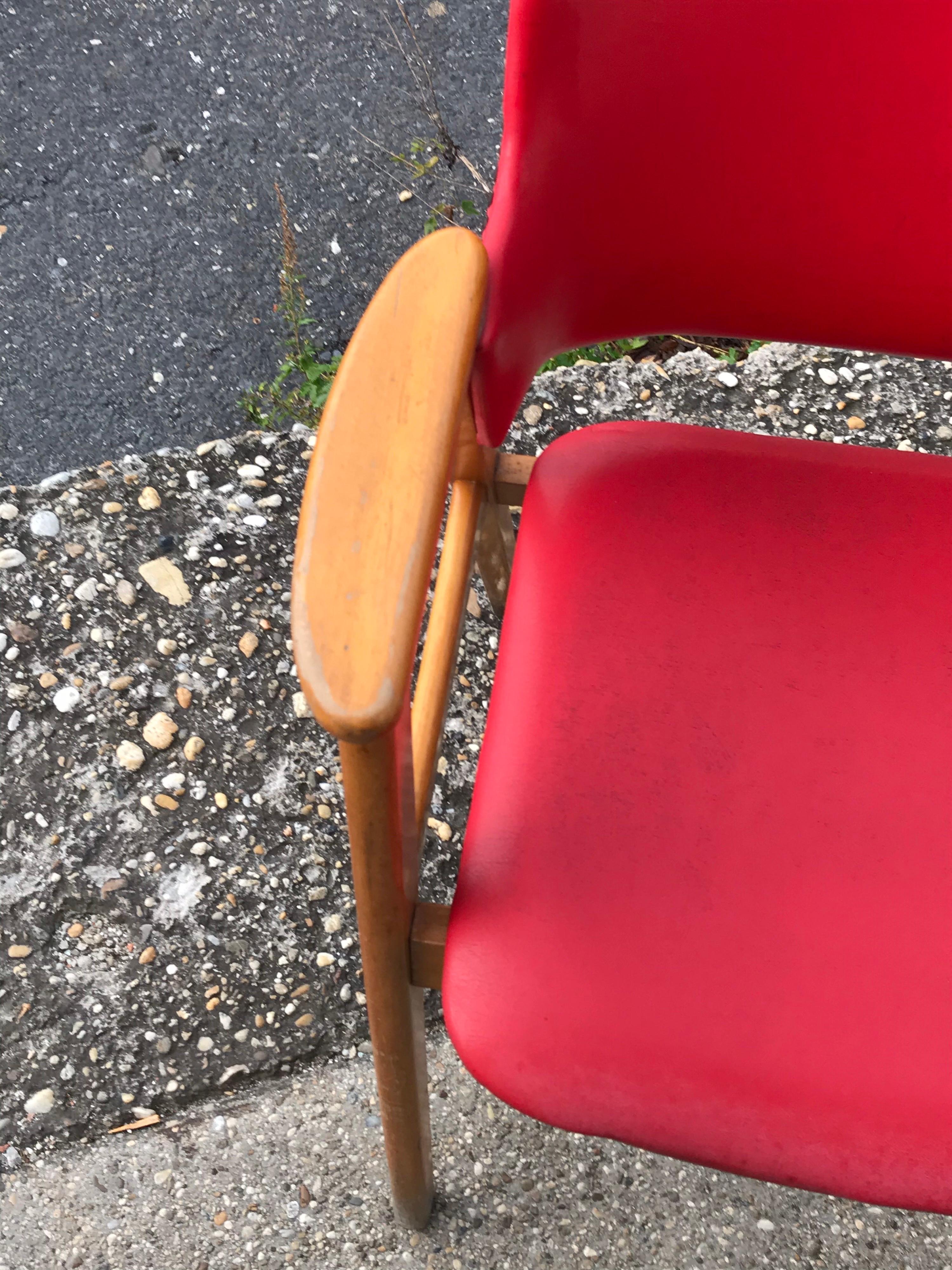Midcentury Hungarian Chair with Red Faux Leather, circa 1960s For Sale 1
