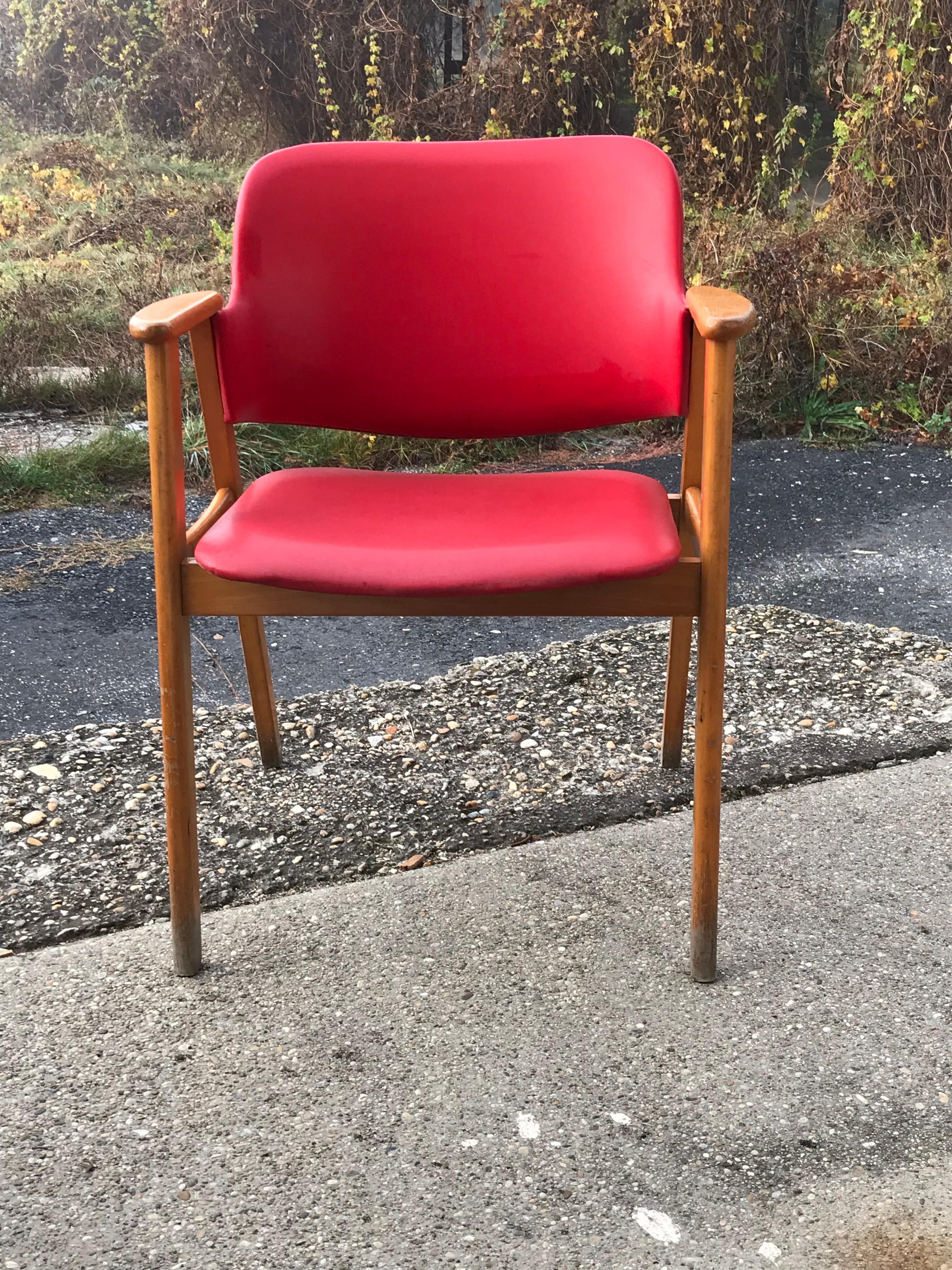 Midcentury Hungarian Chair with Red Faux Leather, circa 1960s For Sale 2