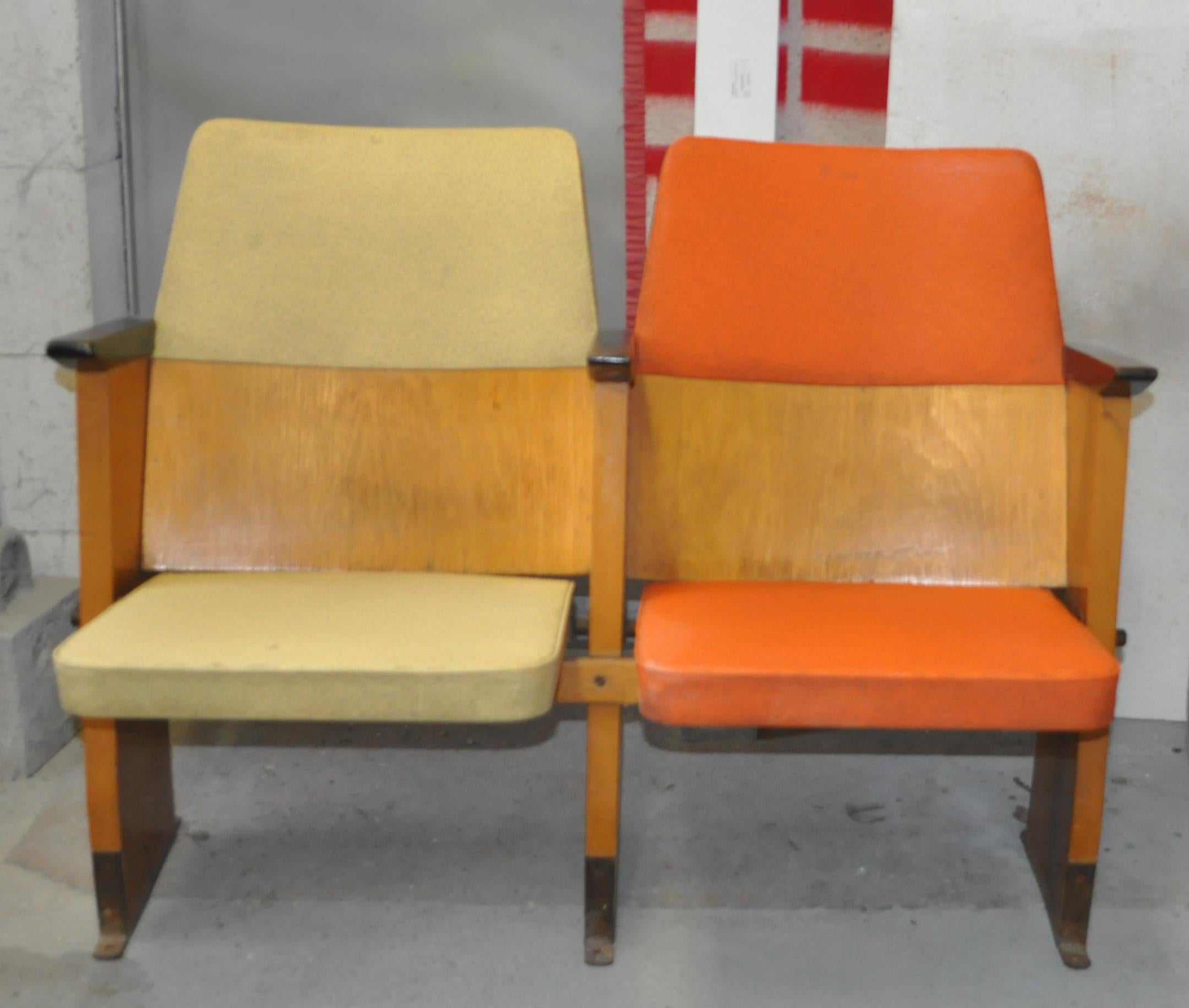 Midcentury Hungarian cinema seats, circa 1950s, set of 2
- Vinyl upholstery 
- Flip down seats 
- circa 1950s 
- These are perfect hallway, boot room, kitchen chairs.
A vintage cinema seats in nice condition.
Very solid and sturdy.
The vinyl