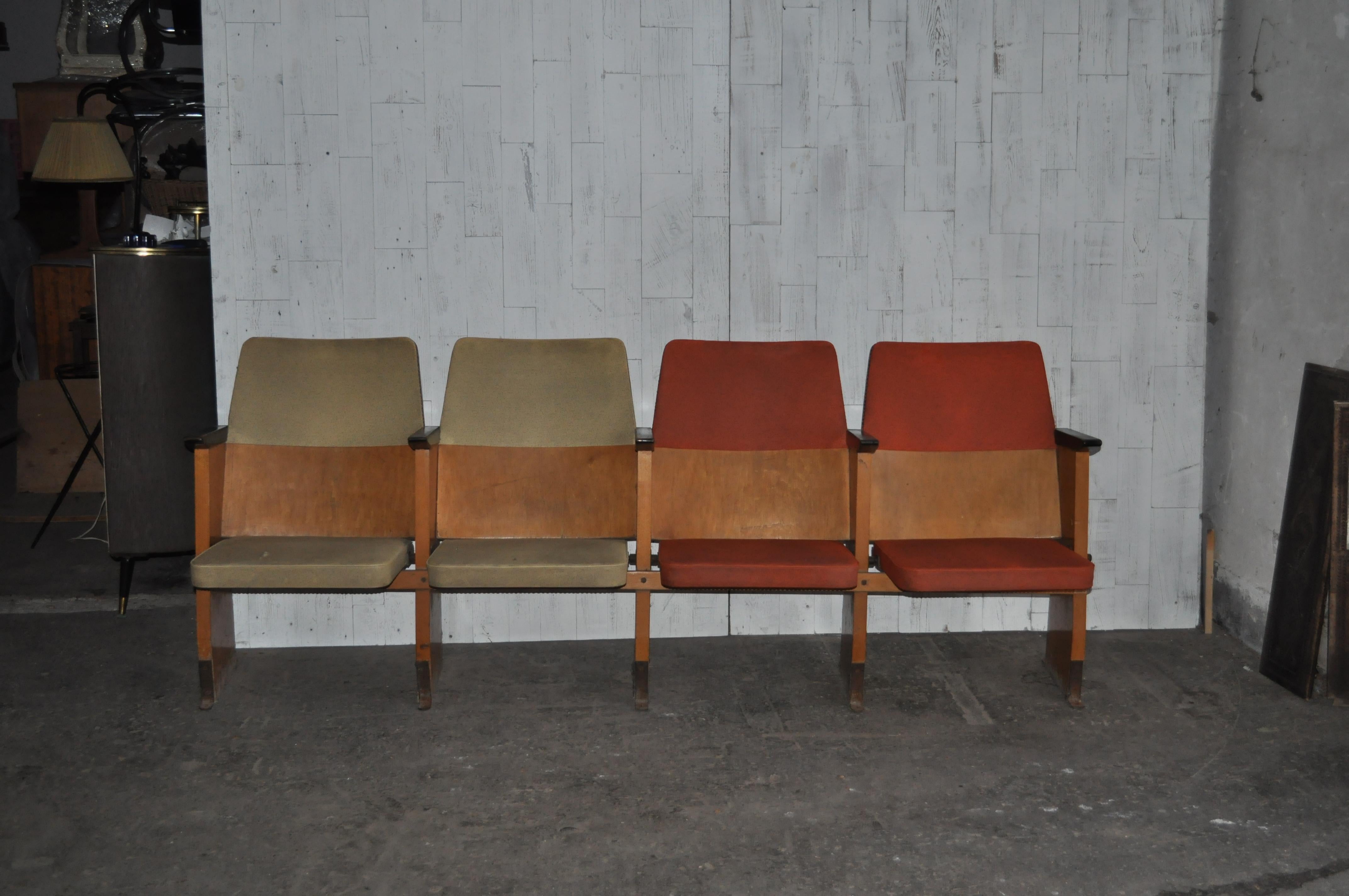 Midcentury Hungarian cinema seats, circa 1950s / 4 st 
- Vinyl upholstery 
- Flip down seats 
- circa 1950s 
- These are perfect hallway, boot room, kitchen chairs.
A vintage cinema seats in nice condition.
Very solid and sturdy.
The vinyl is