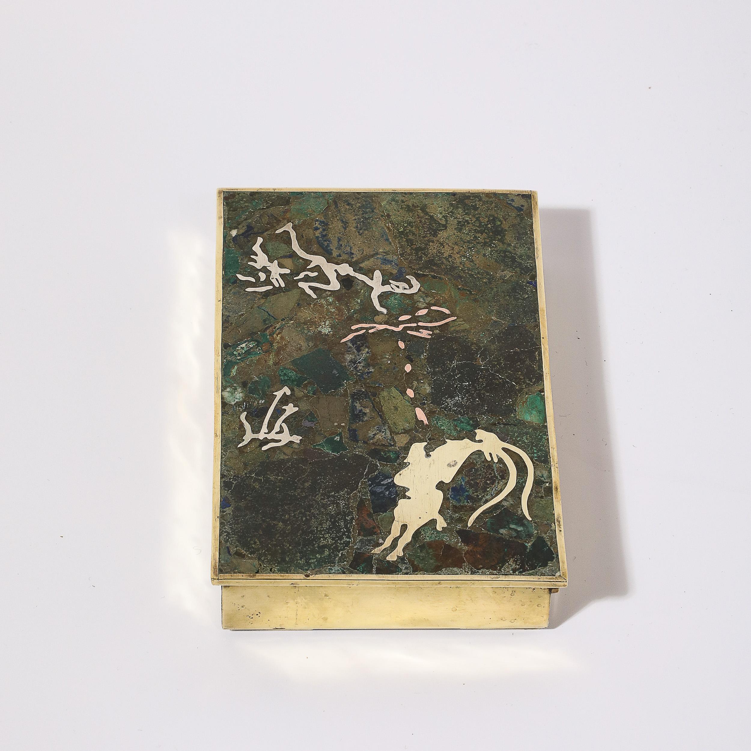 Boîte en laiton, argent et pierre incrustée de scène de chasse du milieu du siècle dernier de Salvador Teran en vente 3
