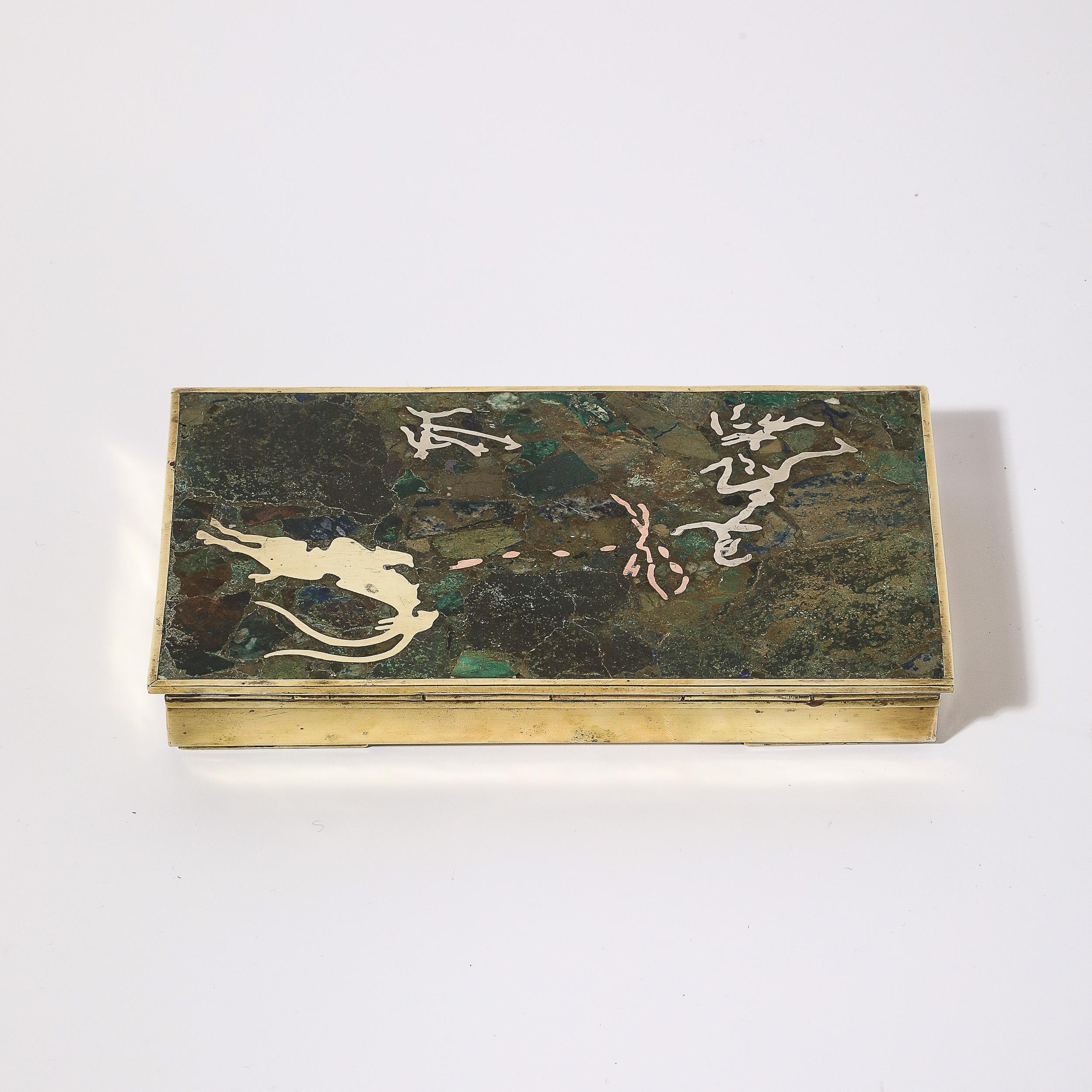 Mid-Century Hunting Scene Brass, Silver & Stone Inlay Box by Salvador Teran For Sale 5
