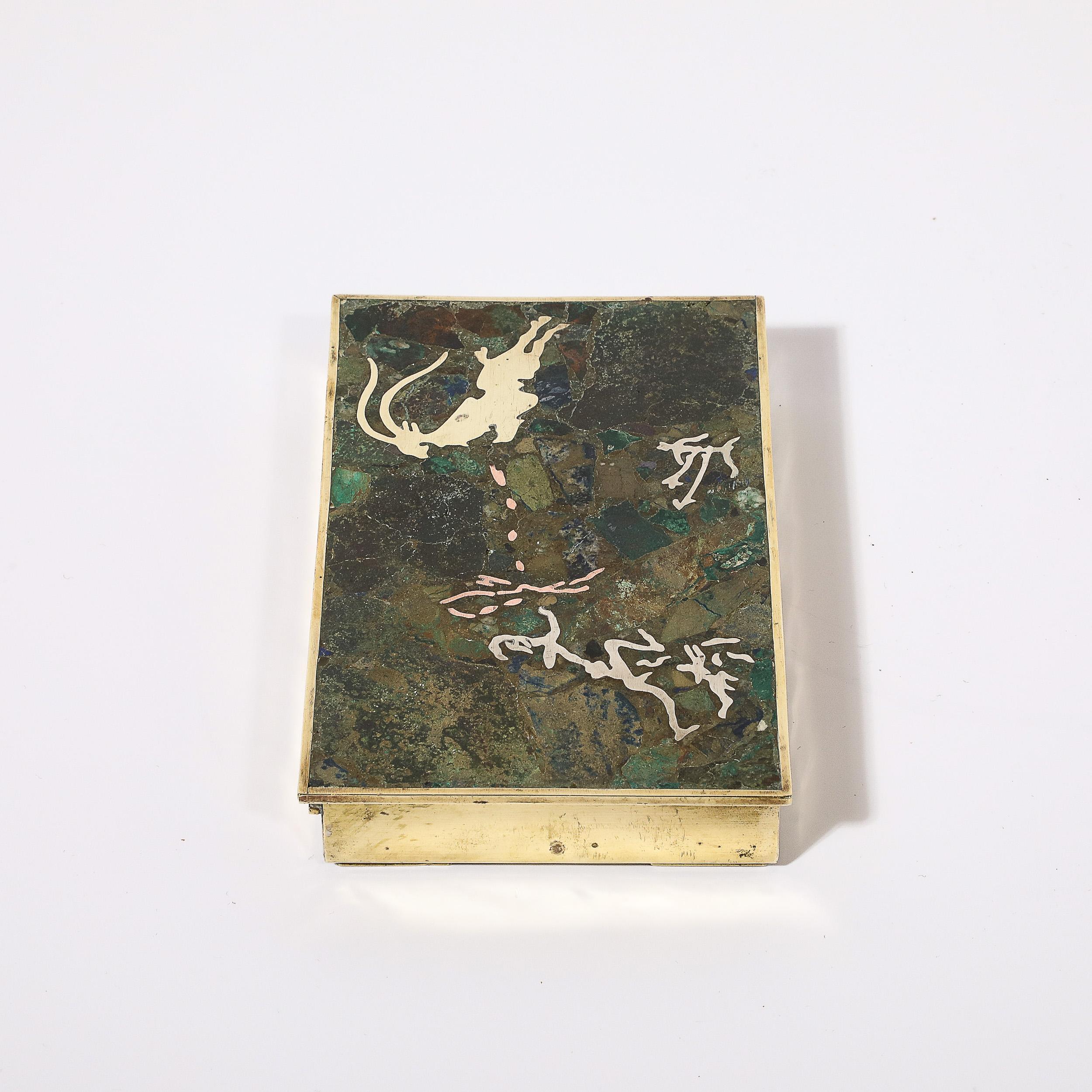 Mid-Century Hunting Scene Brass, Silver & Stone Inlay Box by Salvador Teran For Sale 6