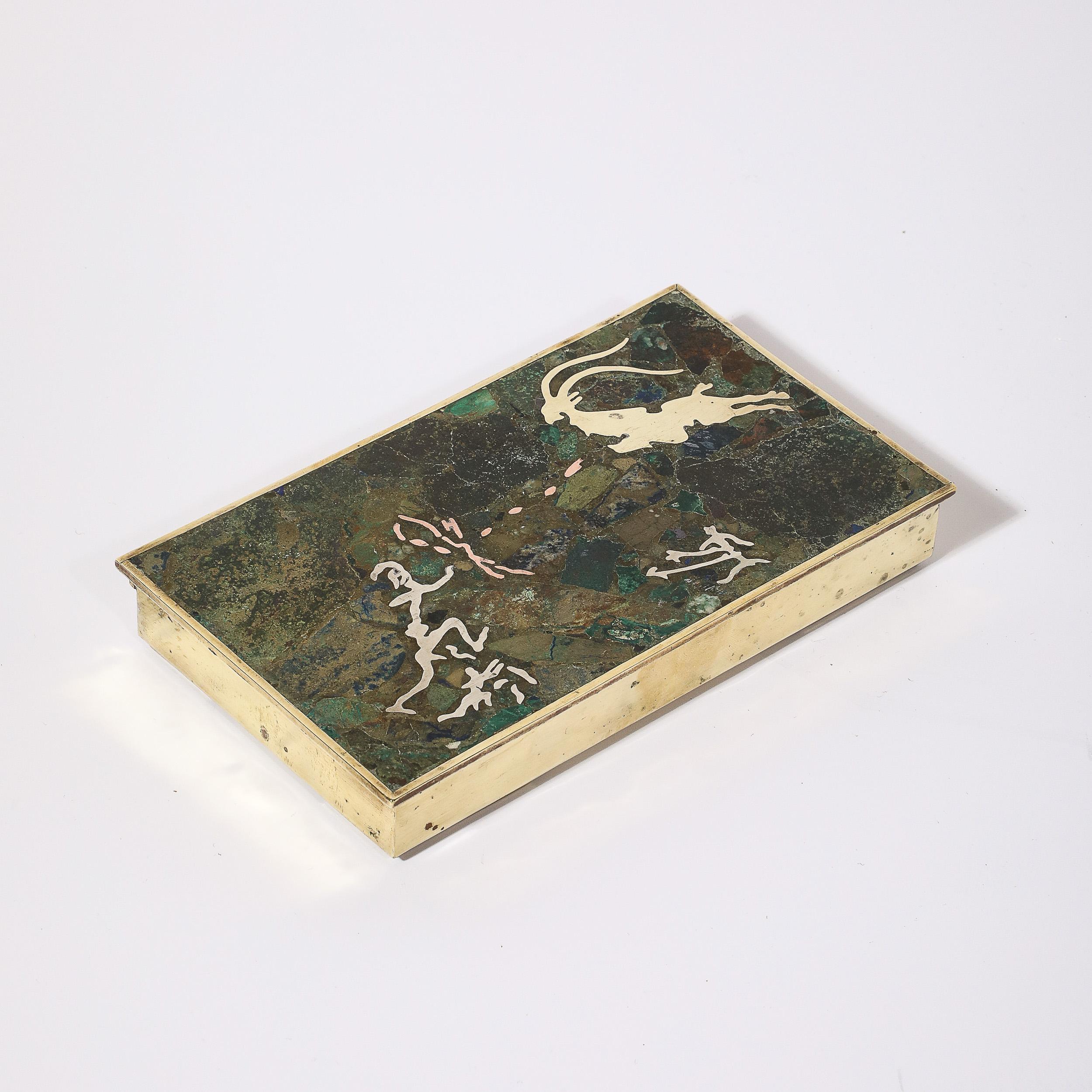 Mid-Century Hunting Scene Brass, Silver & Stone Inlay Box by Salvador Teran For Sale 7