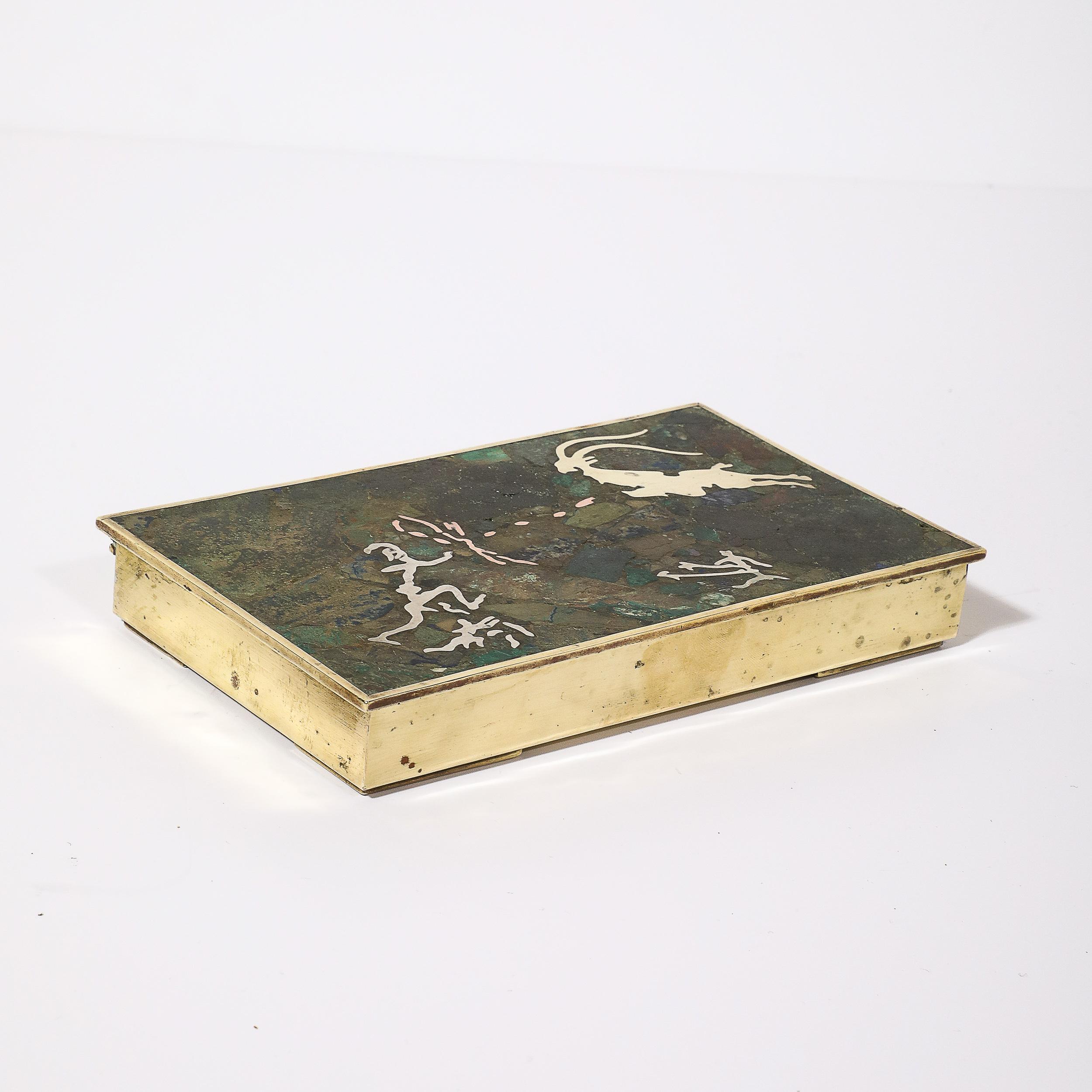 Mid-Century Hunting Scene Brass, Silver & Stone Inlay Box by Salvador Teran For Sale 11