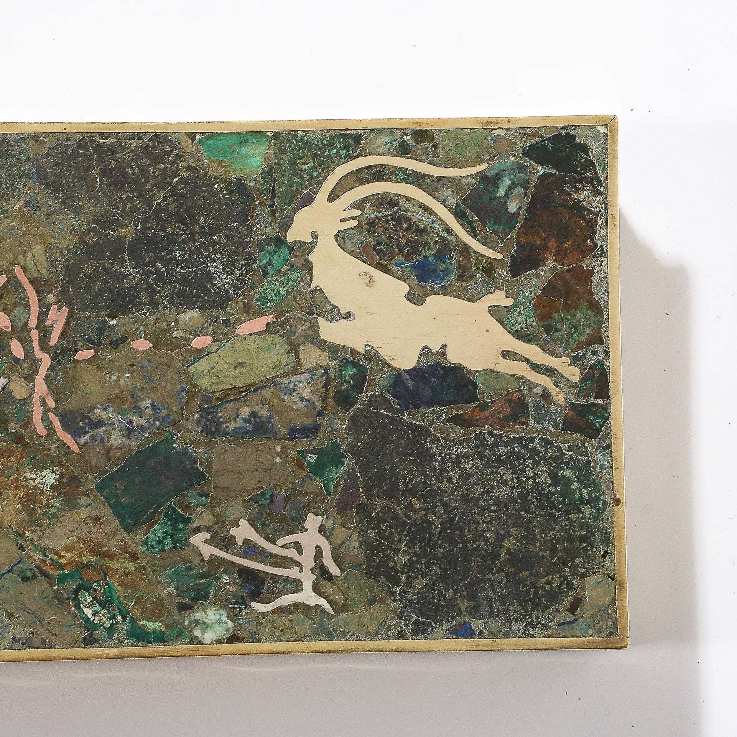 Mid-Century Modern Boîte en laiton, argent et pierre incrustée de scène de chasse du milieu du siècle dernier de Salvador Teran en vente