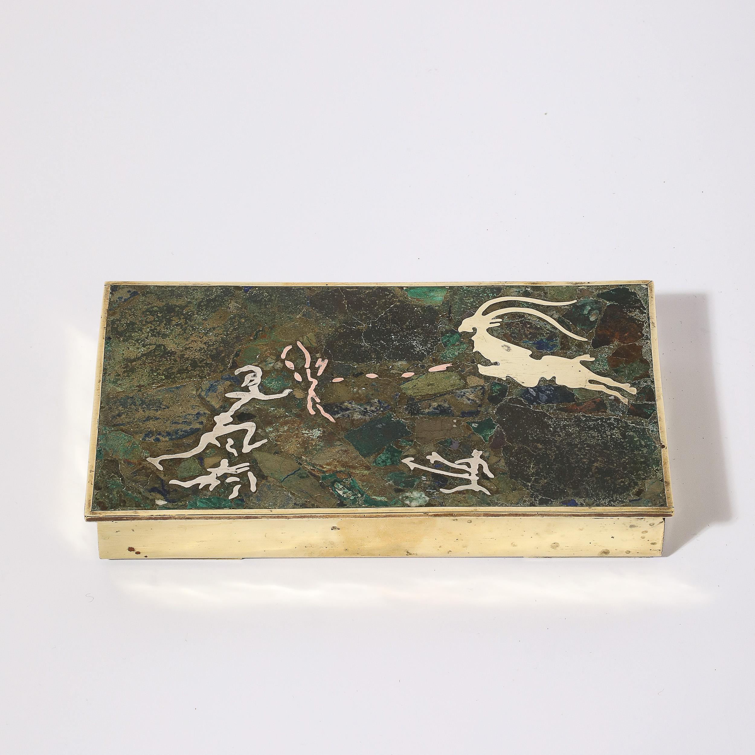 Mid-Century Hunting Scene Brass, Silver & Stone Inlay Box by Salvador Teran For Sale 2
