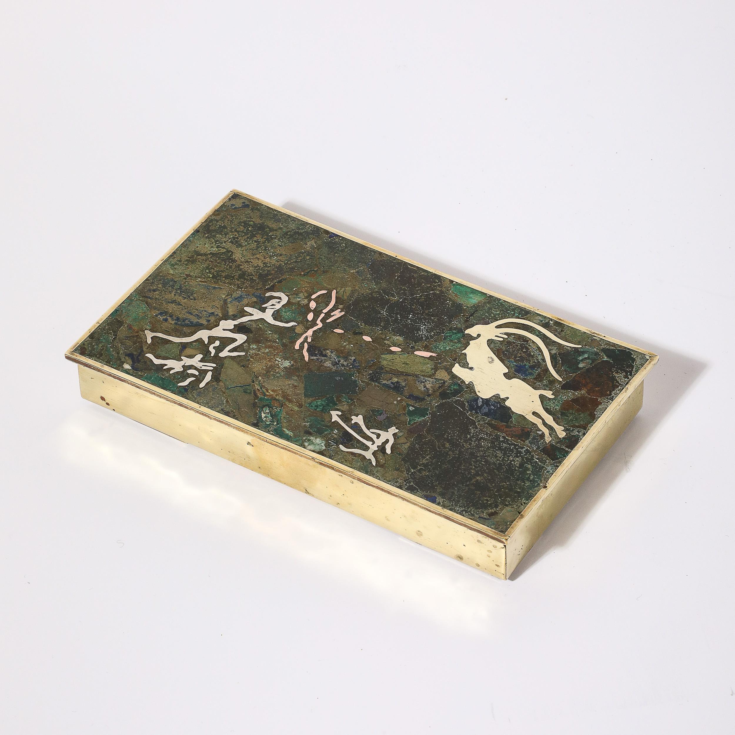 Mid-Century Hunting Scene Brass, Silver & Stone Inlay Box by Salvador Teran For Sale 3