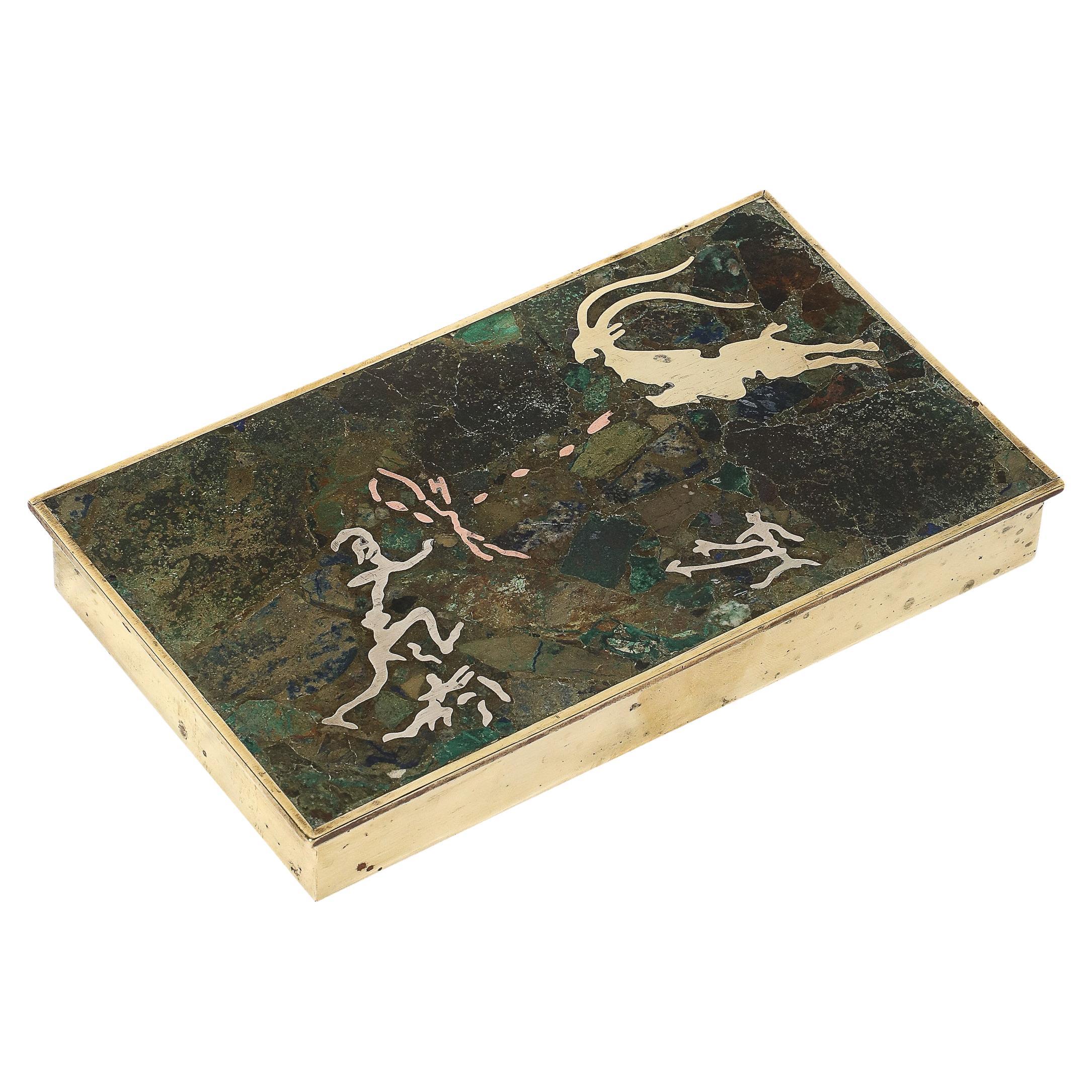 Mid-Century Hunting Scene Brass, Silver & Stone Inlay Box by Salvador Teran For Sale