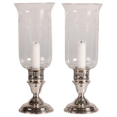 Vintage Midcentury Hurricane Candlesticks of Sterling Silver and Glass with Decoration