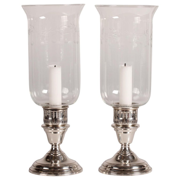 Midcentury Hurricane Candlesticks of Sterling Silver and Glass with