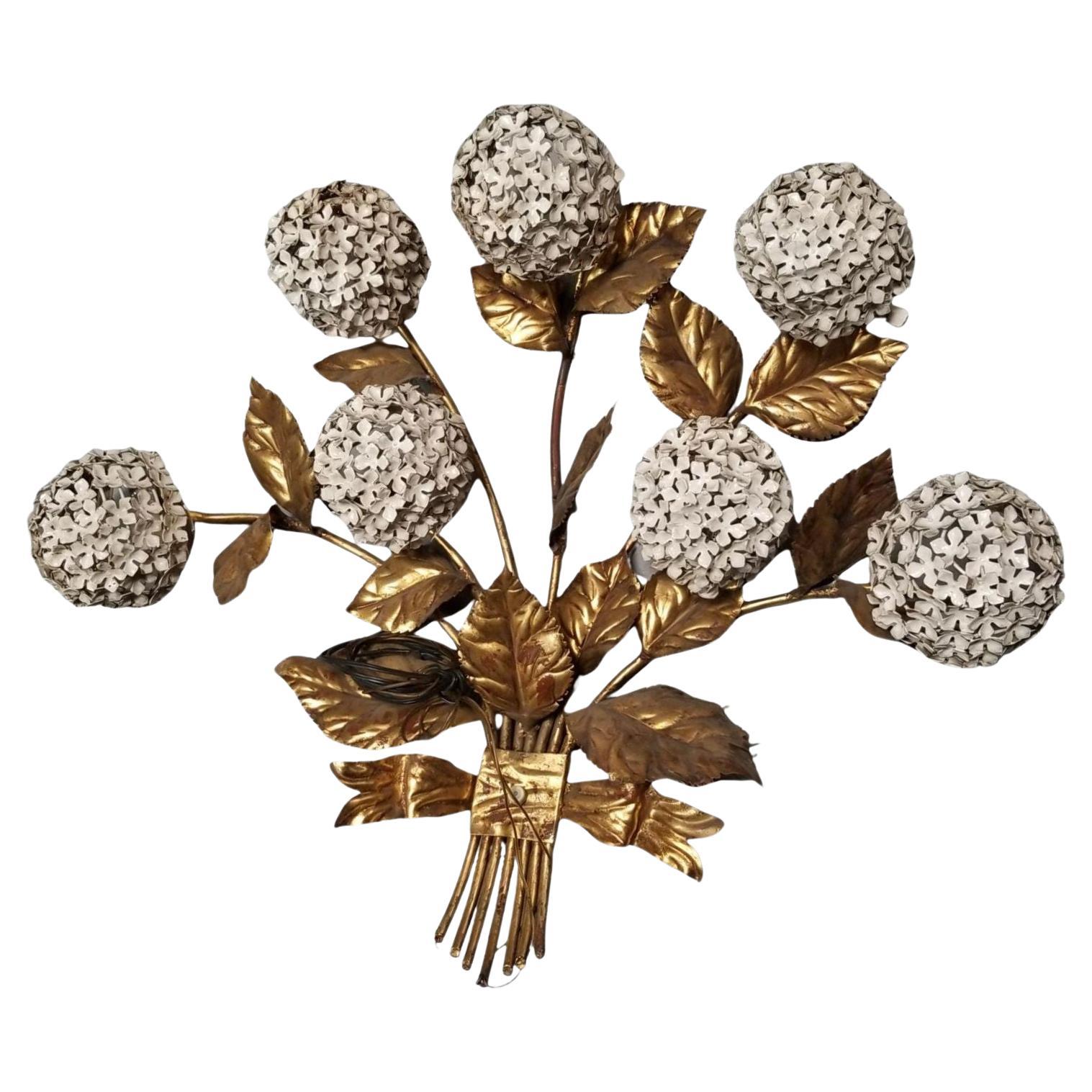 Mid Century Hydrangea Flowers Brass Wall Sconce Art Sculpture