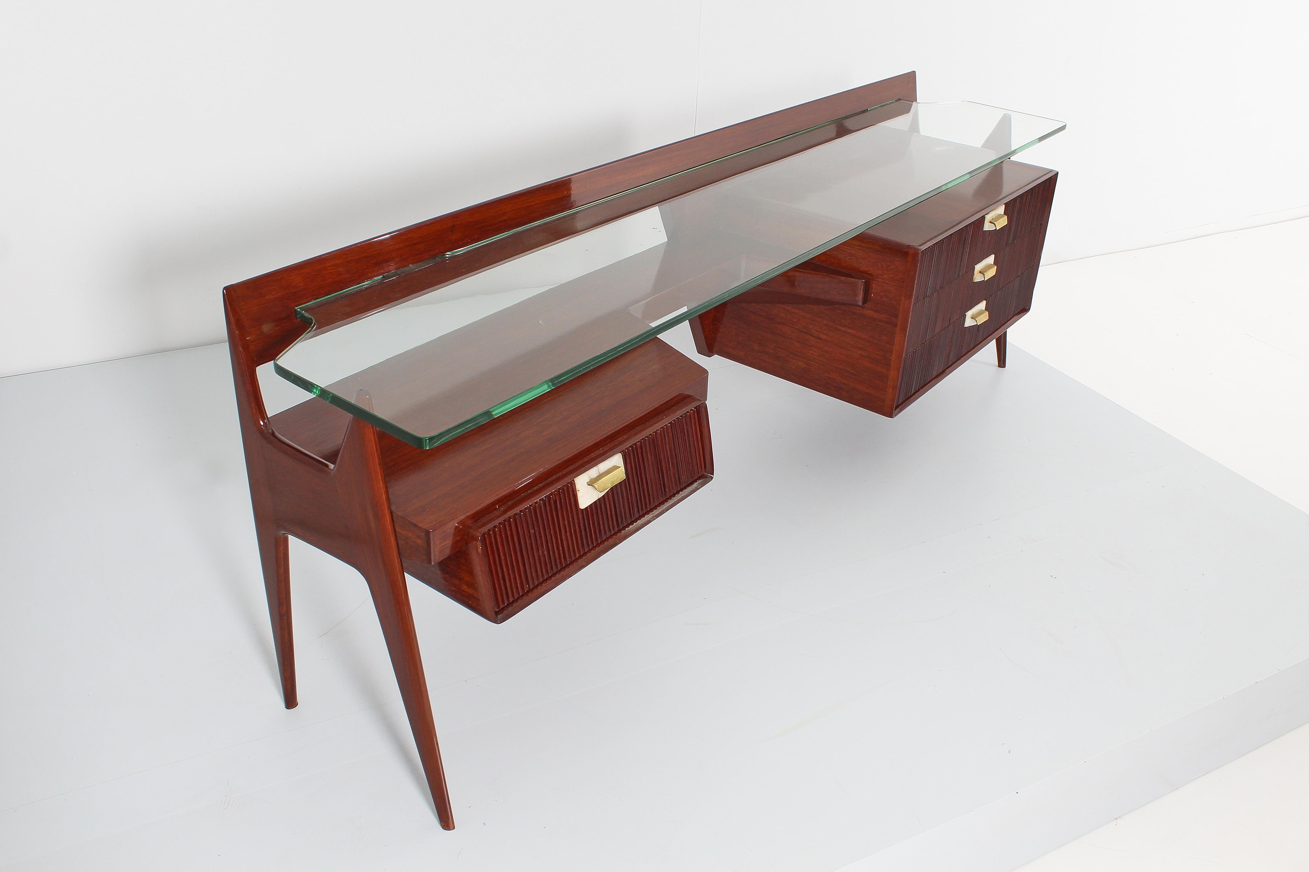 Mid-Century I, Parisi Imposing Wood and Thick Glass Vanity Table, Italy, 1950s 4