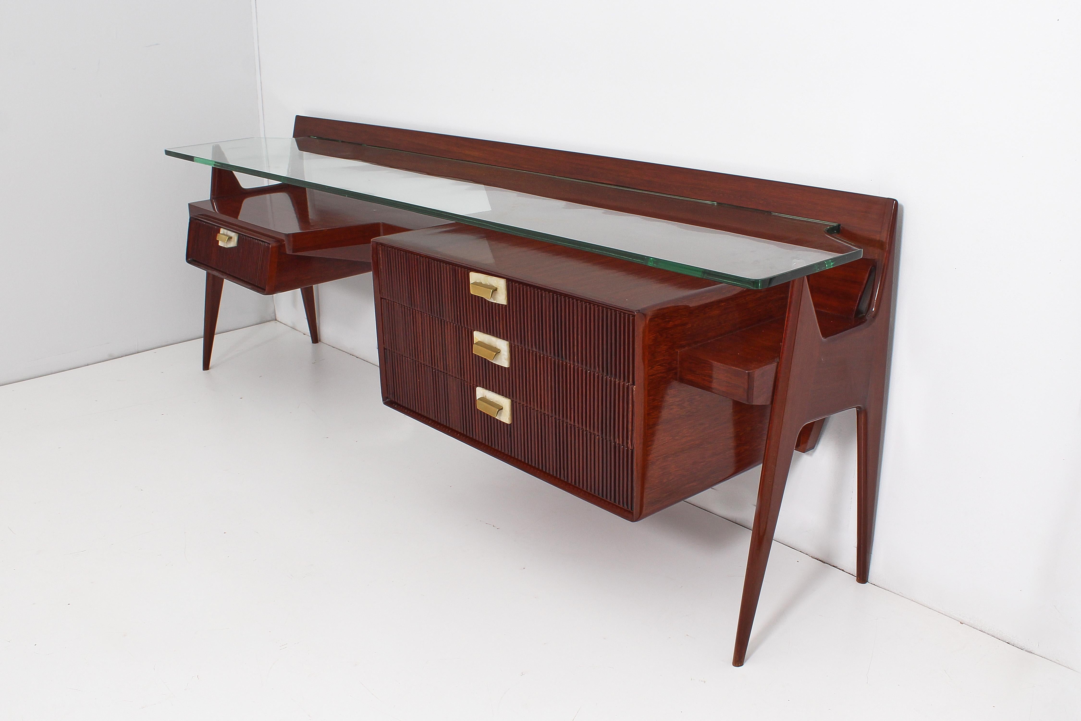 Mid-Century Modern Mid-Century I, Parisi Imposing Wood and Thick Glass Vanity Table, Italy, 1950s
