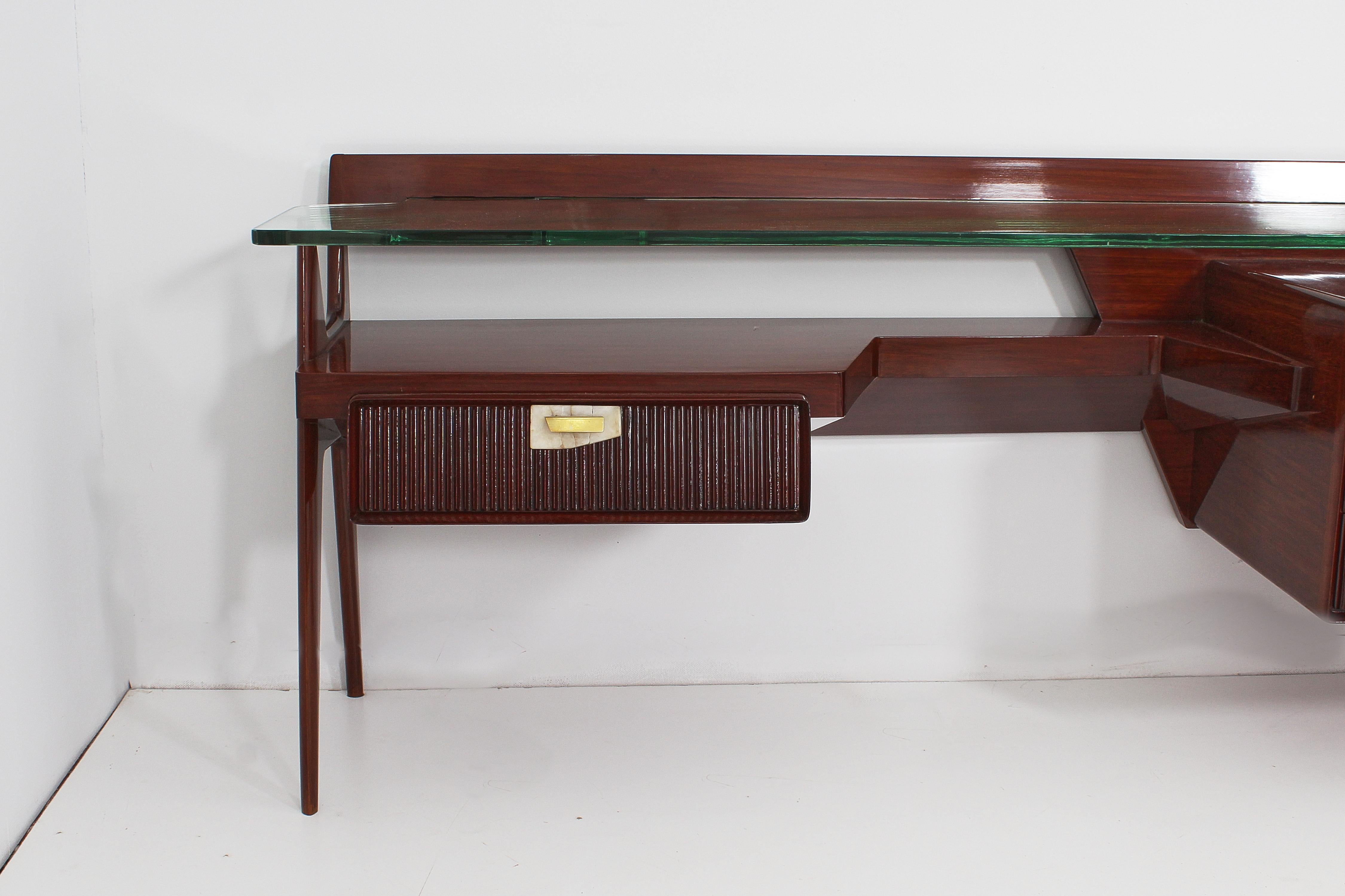 Mid-Century I, Parisi Imposing Wood and Thick Glass Vanity Table, Italy, 1950s In Good Condition In Palermo, IT