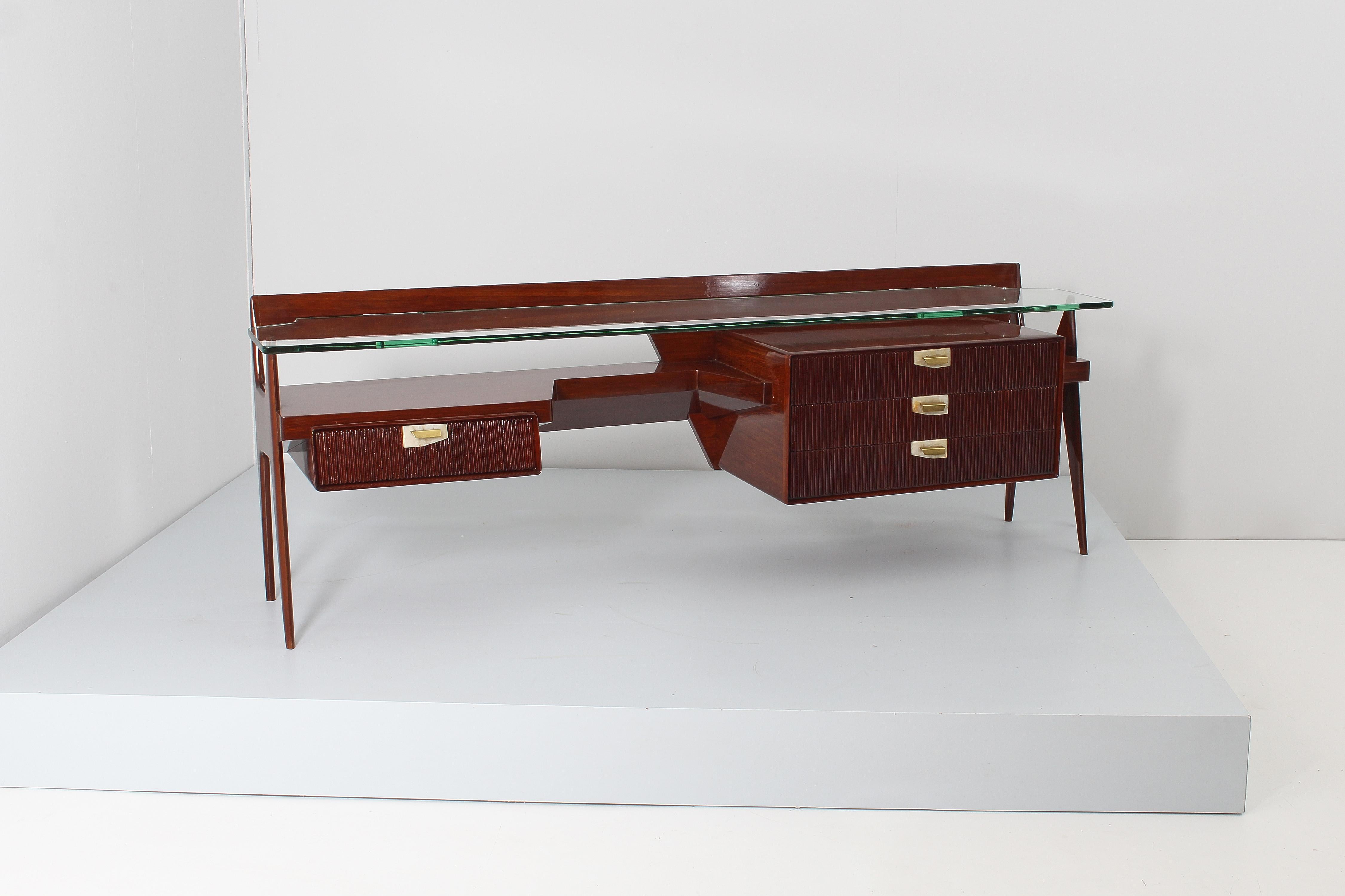 Mid-20th Century Mid-Century I, Parisi Imposing Wood and Thick Glass Vanity Table, Italy, 1950s