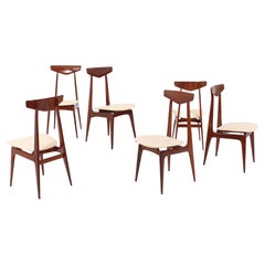 Mid-Century i. Parisi Set of 6 Wood and White Synthetic Fabric Chairs Italy 60s
