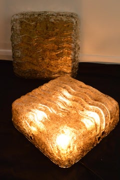 Midcentury Ice Amber Textured Glass Flush mount by Kaiser, Germany, circa 1960