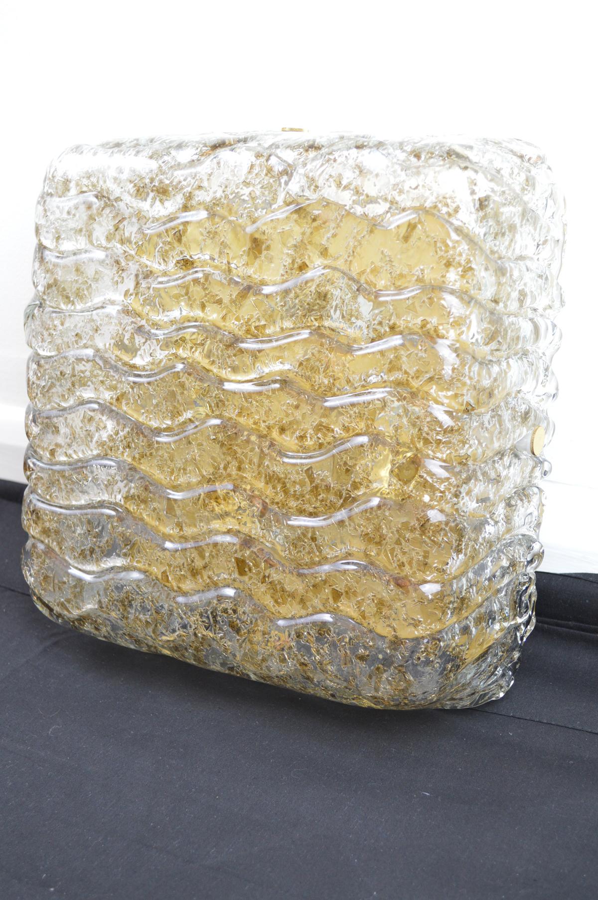 Mid-Century Modern Midcentury Ice Amber Textured Glass Flush mount by Kaiser, Germany, circa 1960 For Sale