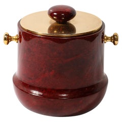Secchiello per il ghiaccio di metà secolo in pelle di capra laccata color sangue di bue e ottone di Aldo Tura