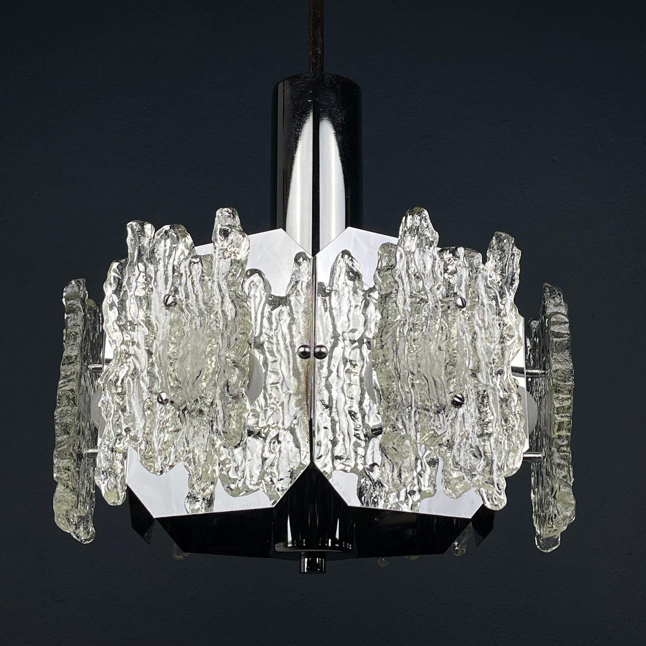 Metal Mid-century ice Murano glass chandelier Italy 1970s  For Sale