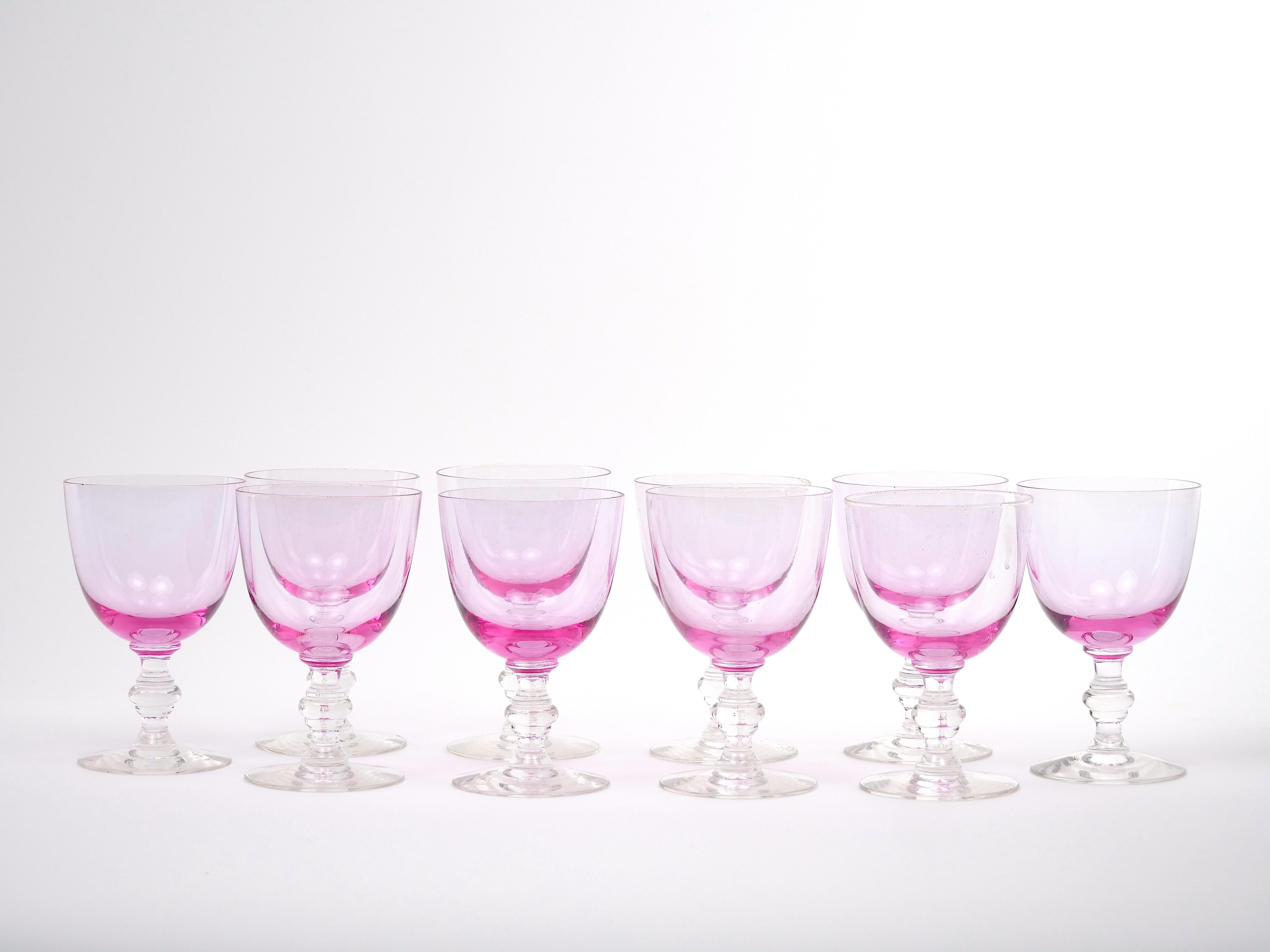 Mid Century Ice Pink Crystal Barware Goblet Service / 10 People In Good Condition For Sale In Tarry Town, NY