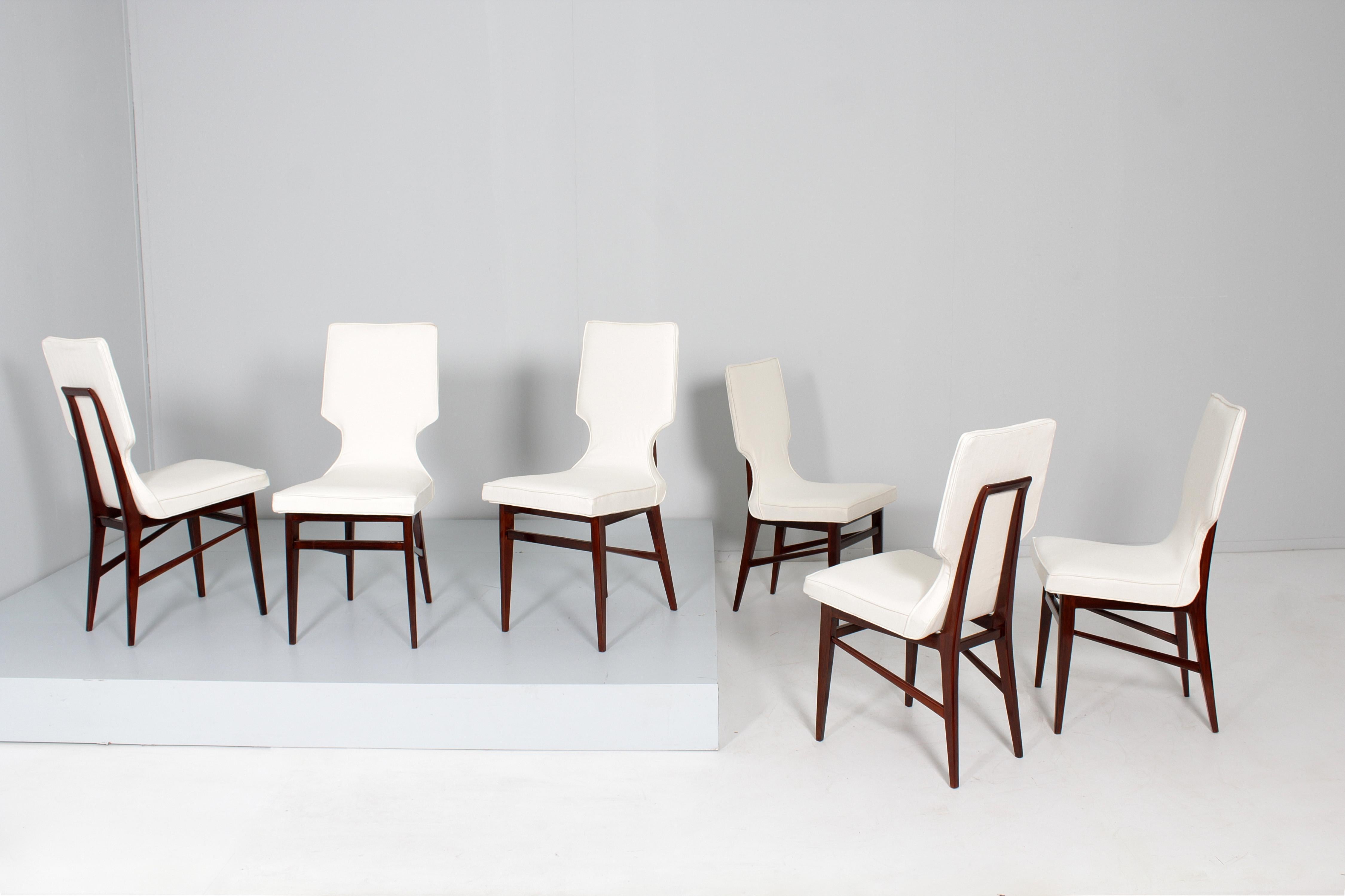Mid-Century Modern Mid-Century Ico Parisi (attr) Set of 6 Wood and Fabric Chairs, Cantù Italy 60s  en vente