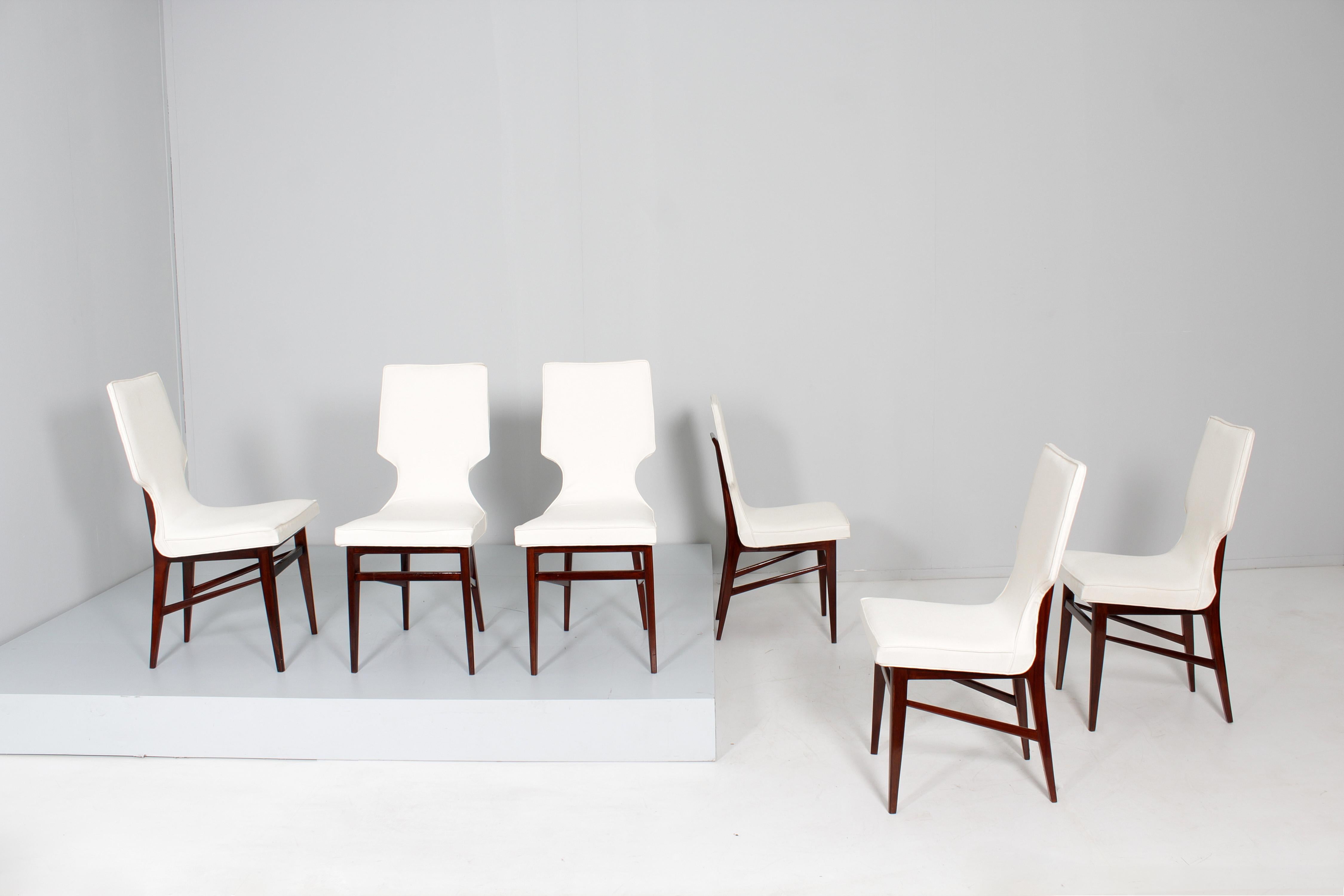 Italian Mid-Century Ico Parisi (attr) Set of 6 Wood and Fabric Chairs, Cantù Italy 60s  For Sale