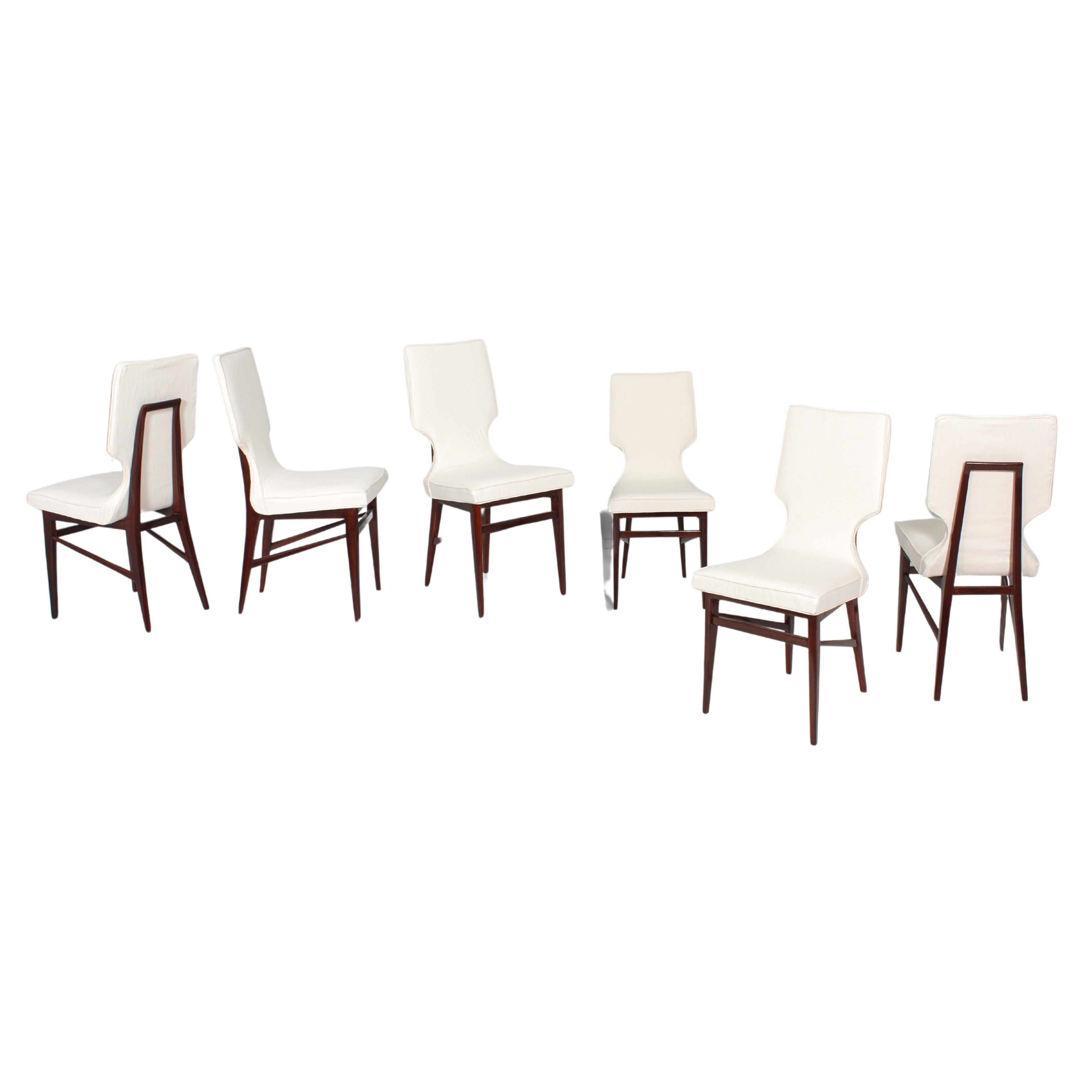 Mid-Century Ico Parisi (attr) Set of 6 Wood and Fabric Chairs, Cantù Italy 60s 