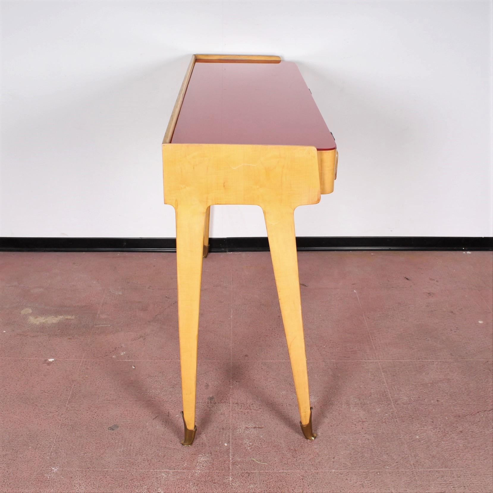 Midcentury Ico Parisi Maple Wood Console with Red Glass, Italy, 1950s 4