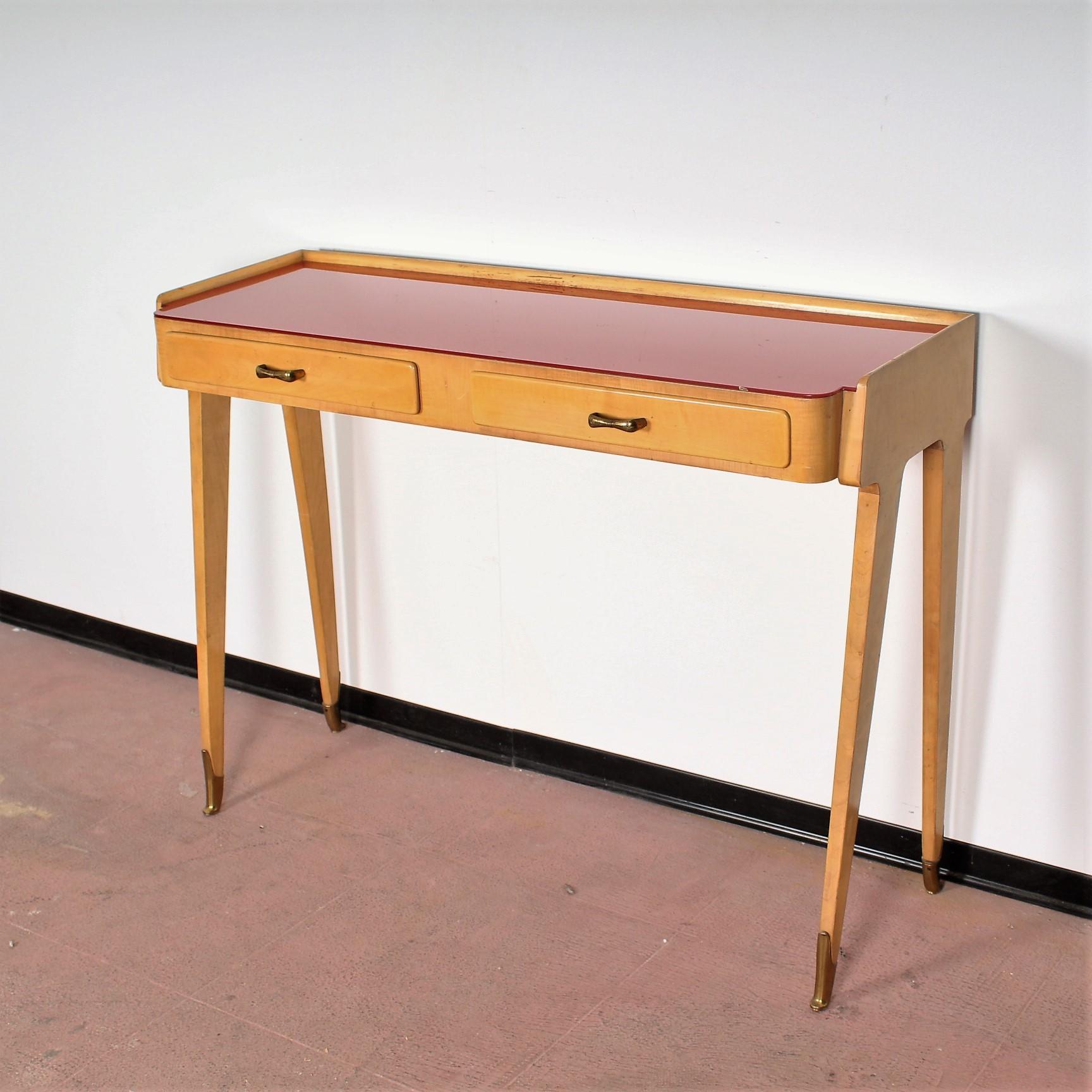 Mid-Century Modern Midcentury Ico Parisi Maple Wood Console with Red Glass, Italy, 1950s