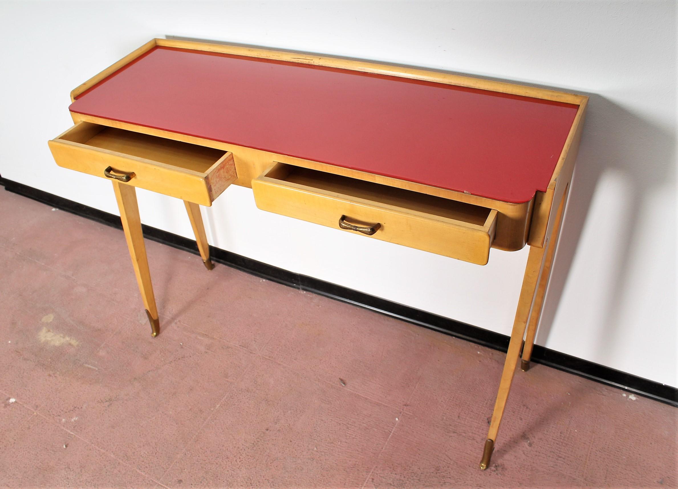 Mid-20th Century Midcentury Ico Parisi Maple Wood Console with Red Glass, Italy, 1950s