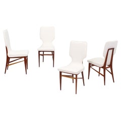 Mid-Century Ico Parisi Set of 4 Wood and White Fabric Chairs, Italy, 1960s 