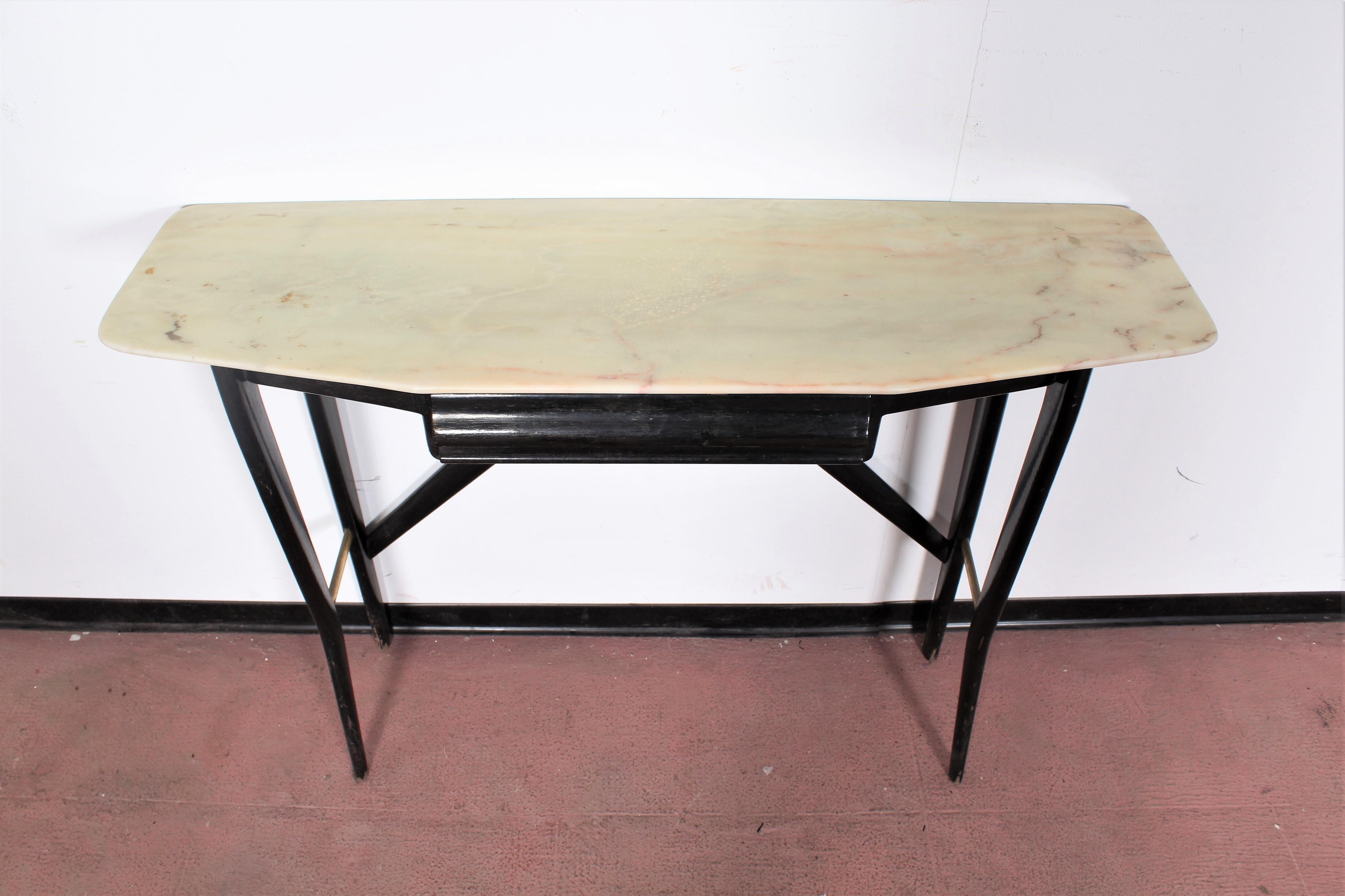 Midcentury Ico Parisi style Black Wood Console Marble and Brass, Italy, 1950s 7