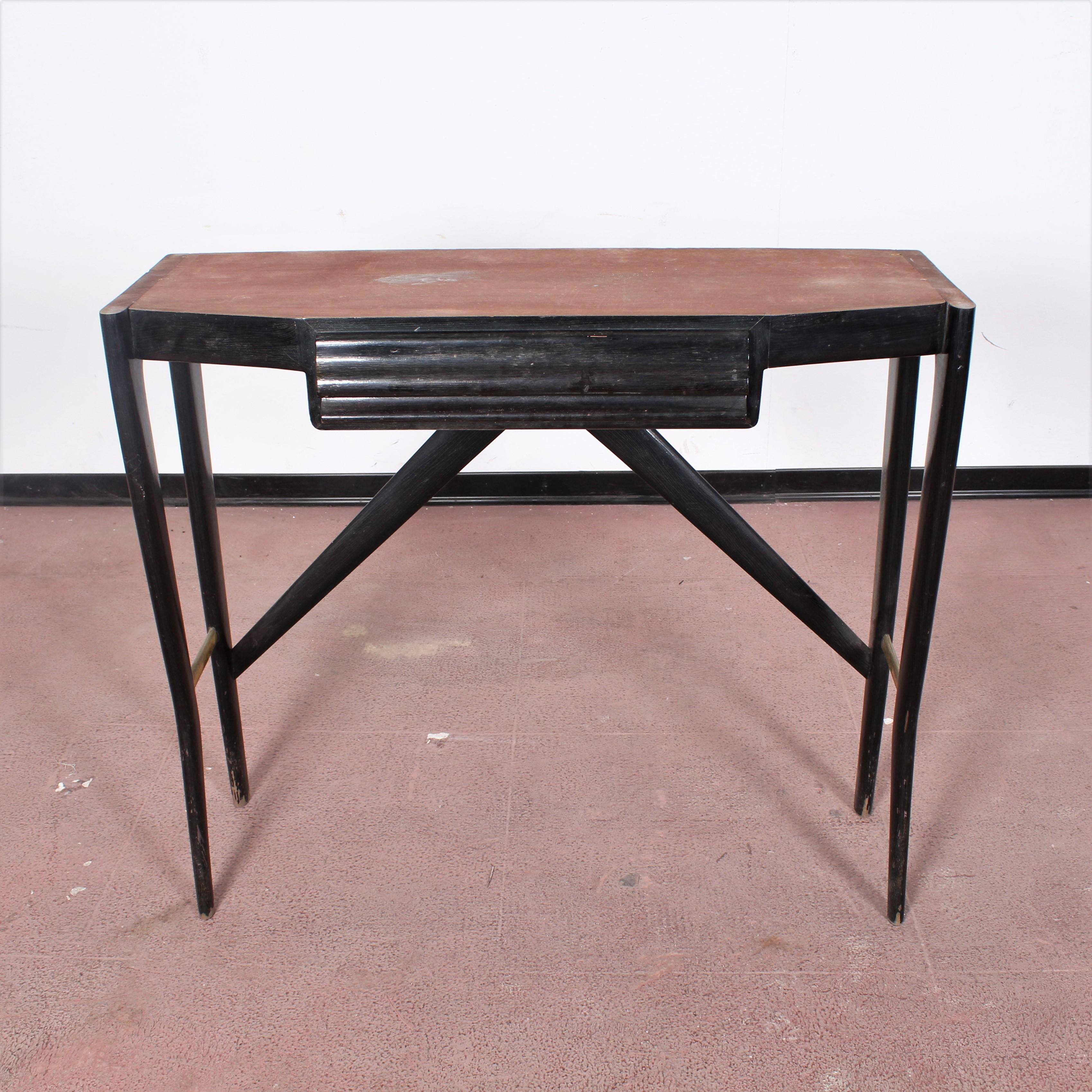 Midcentury Ico Parisi style Black Wood Console Marble and Brass, Italy, 1950s 13