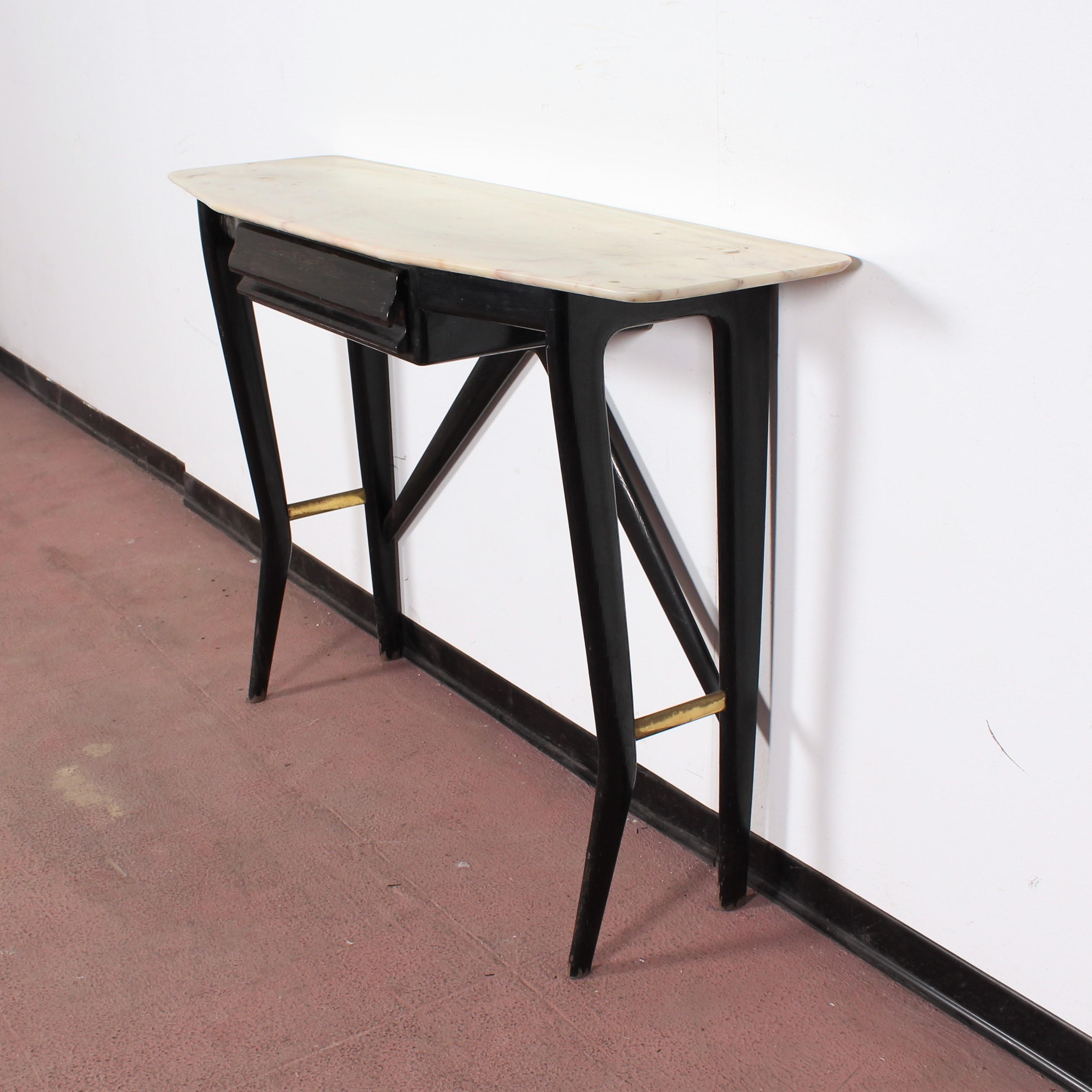 Italian Midcentury Ico Parisi style Black Wood Console Marble and Brass, Italy, 1950s